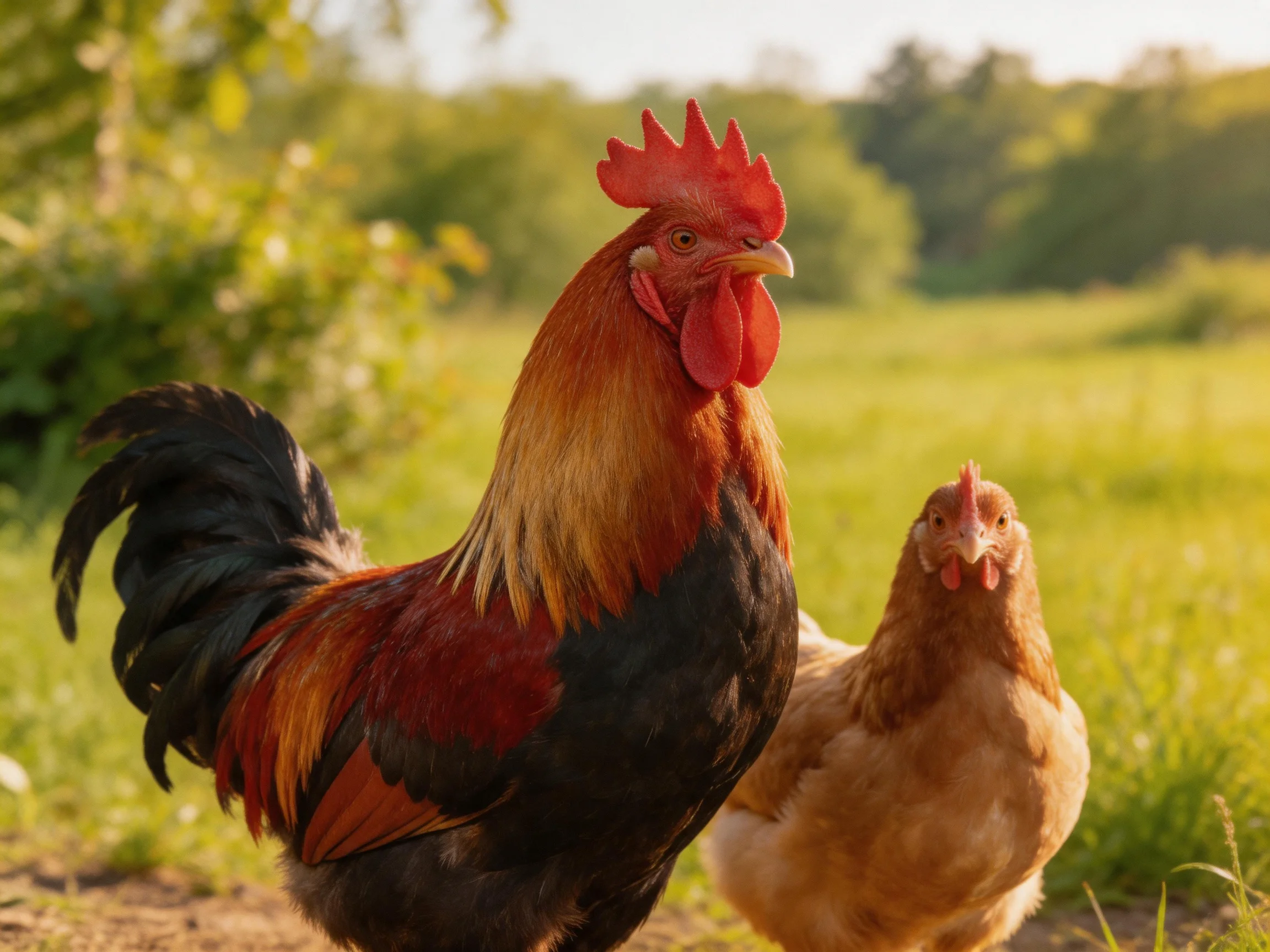 A colorful rooster and hen stand on a sun-drenched green pasture