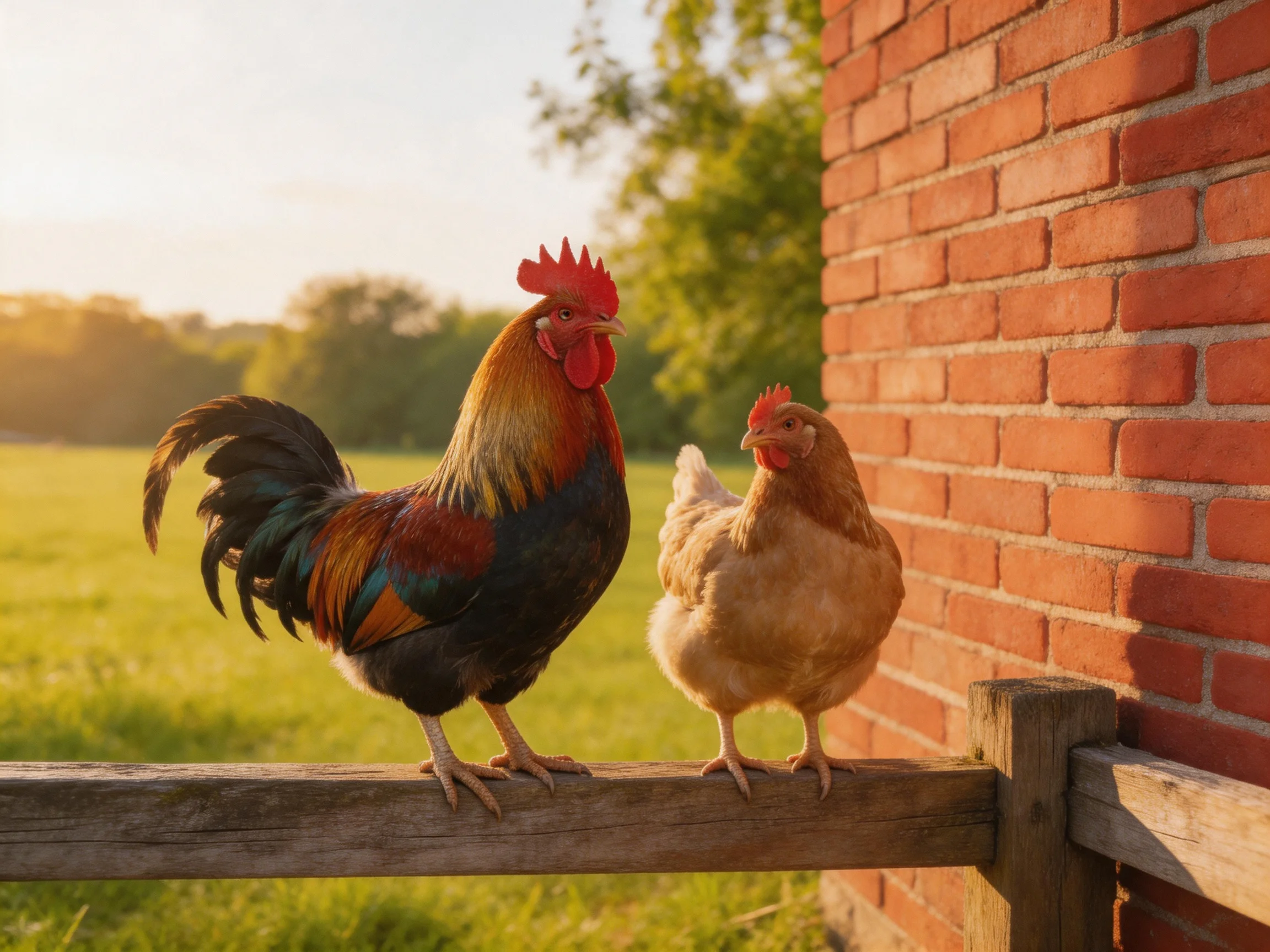 A colorful rooster and hen stand on a wooden fence near a red brick wall