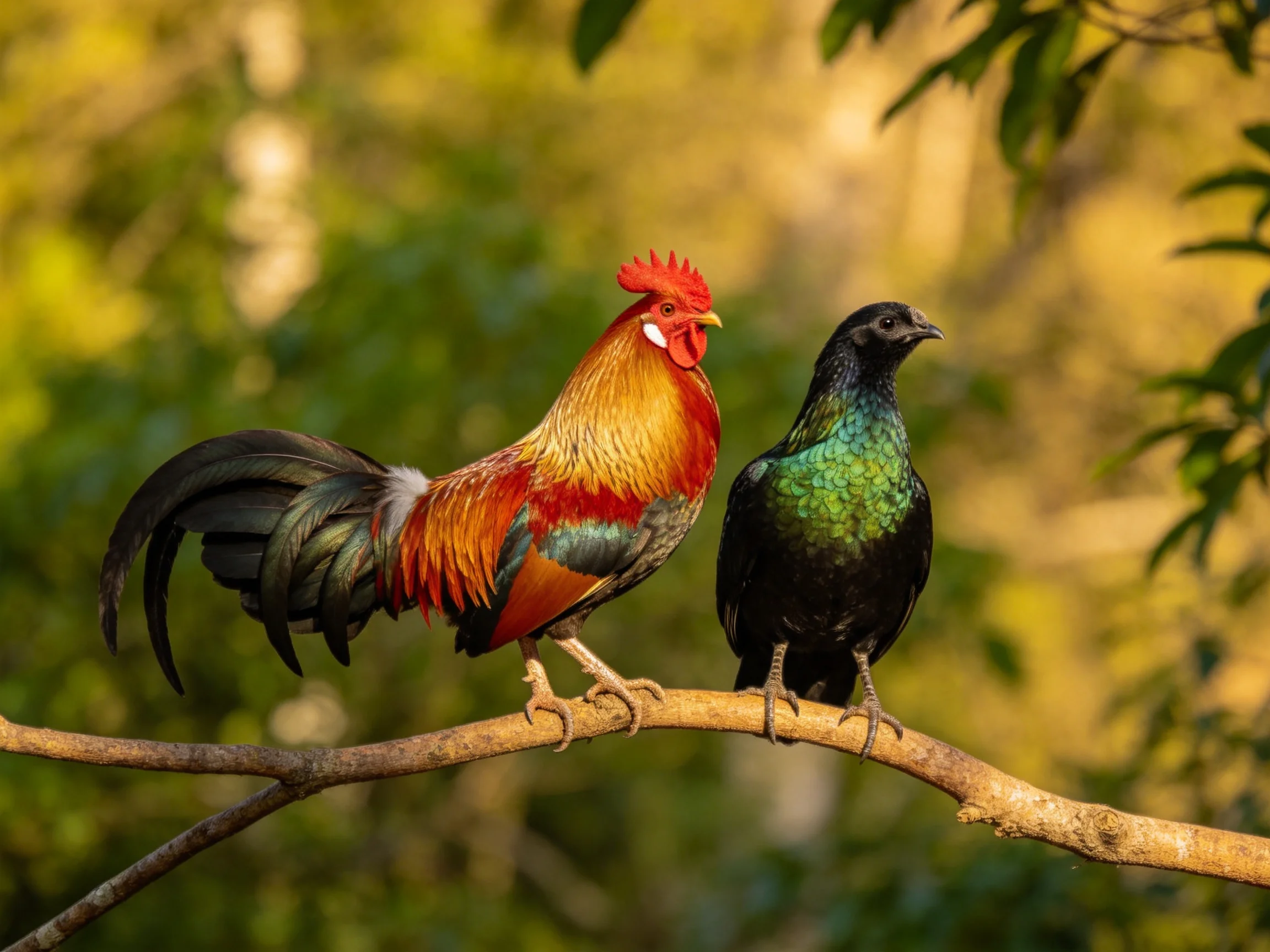 A colorful rooster and iridescent bird perch on a sunlit branch