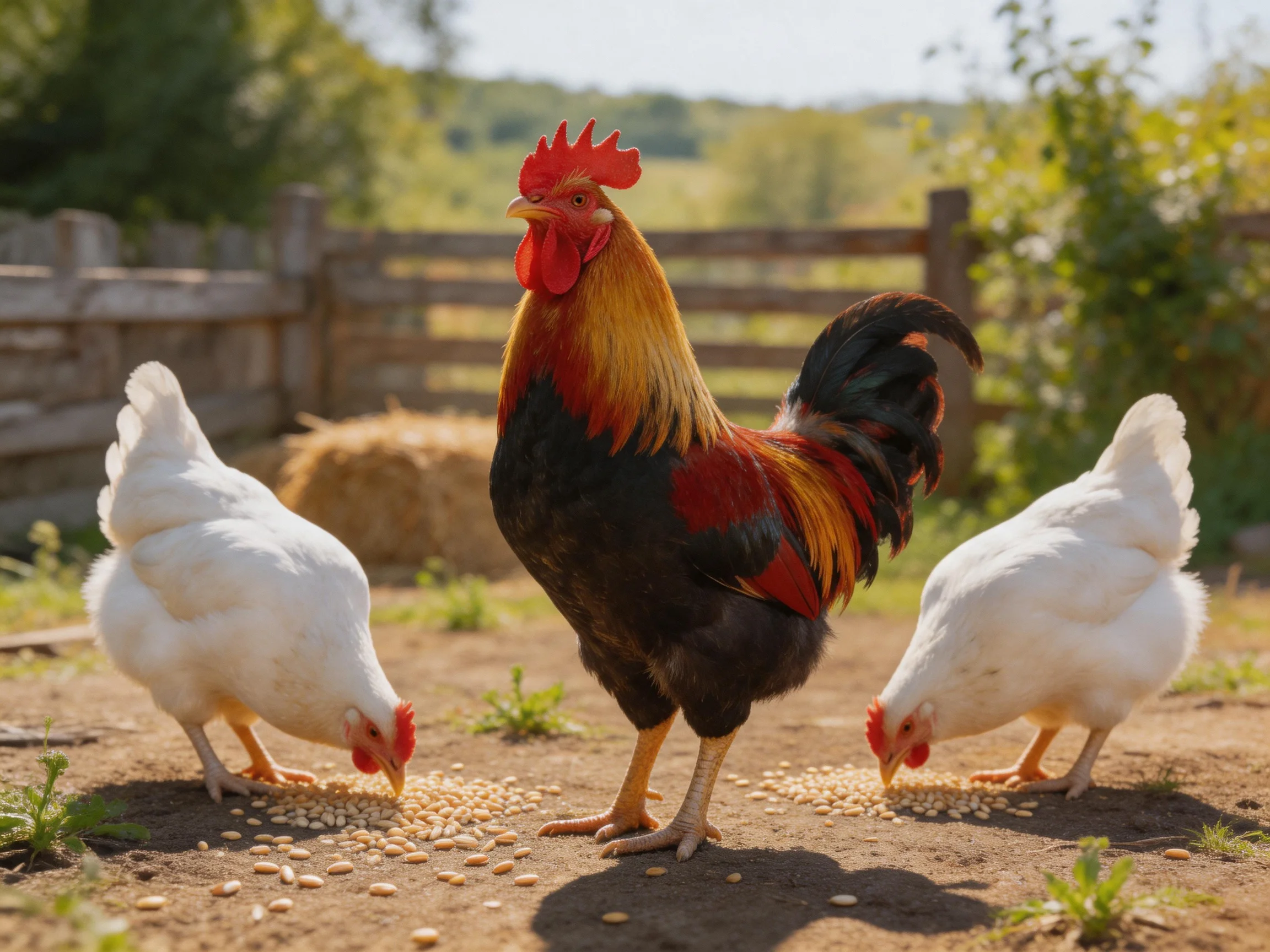 A rooster and two hens eat seeds outdoors in a sunny farm setting.