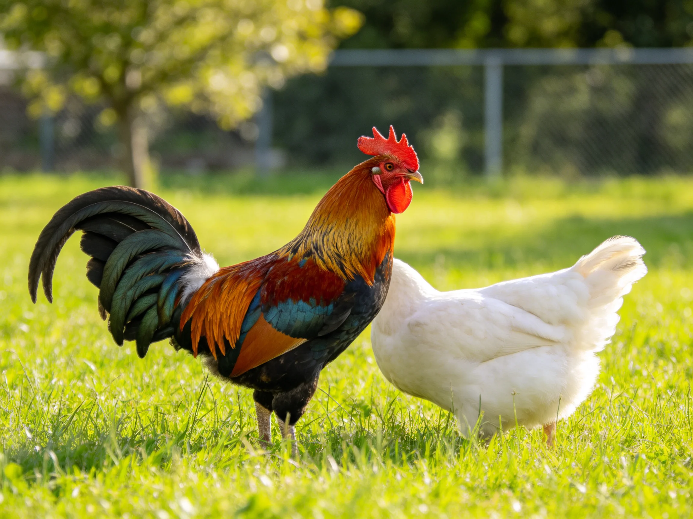 A colorful rooster and white hen foraging in a sunlit green field