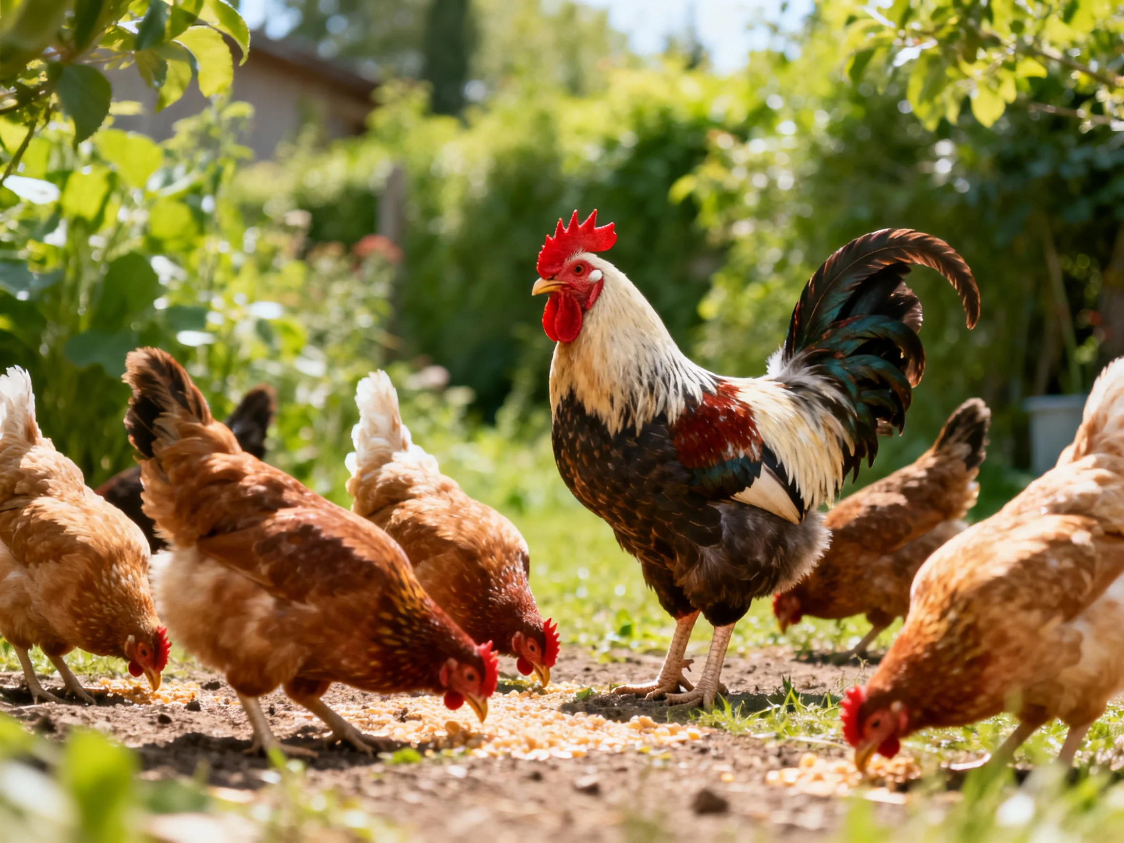 A colorful rooster leads brown hens foraging in a sunlit garden