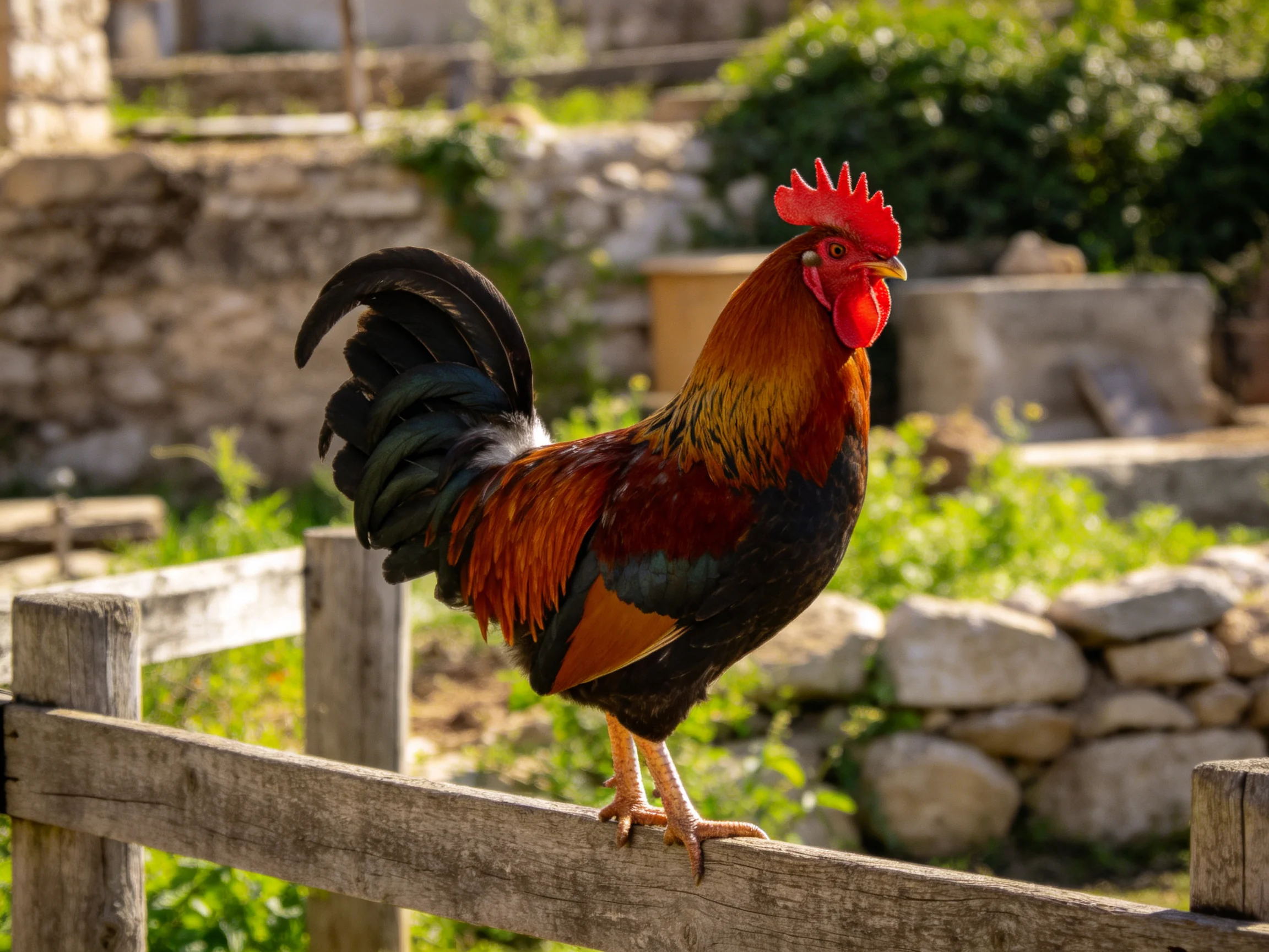 A colorful rooster perched on a weathered wooden fence