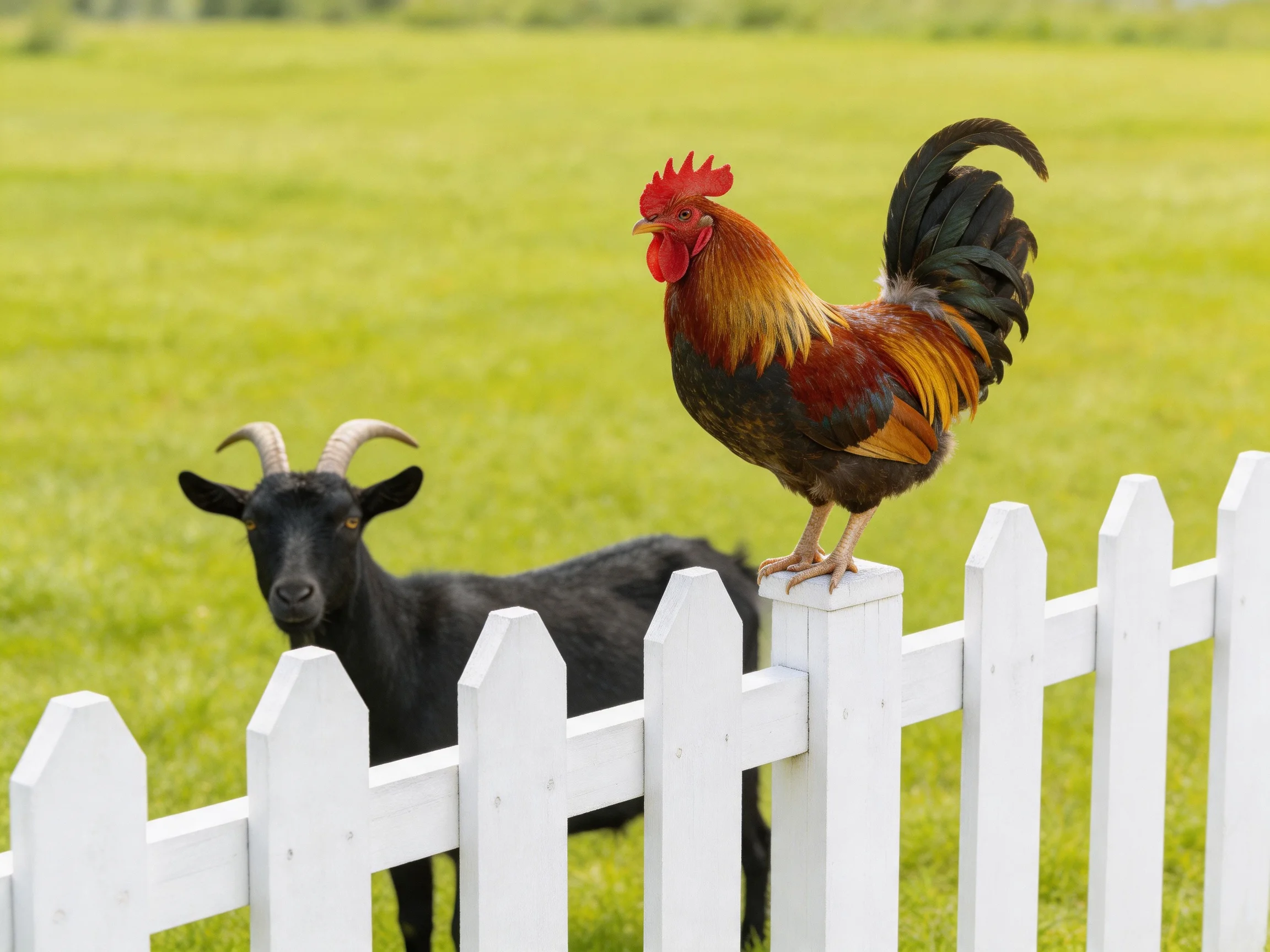 A rooster stands on a white fence beside a black goat in a green field.