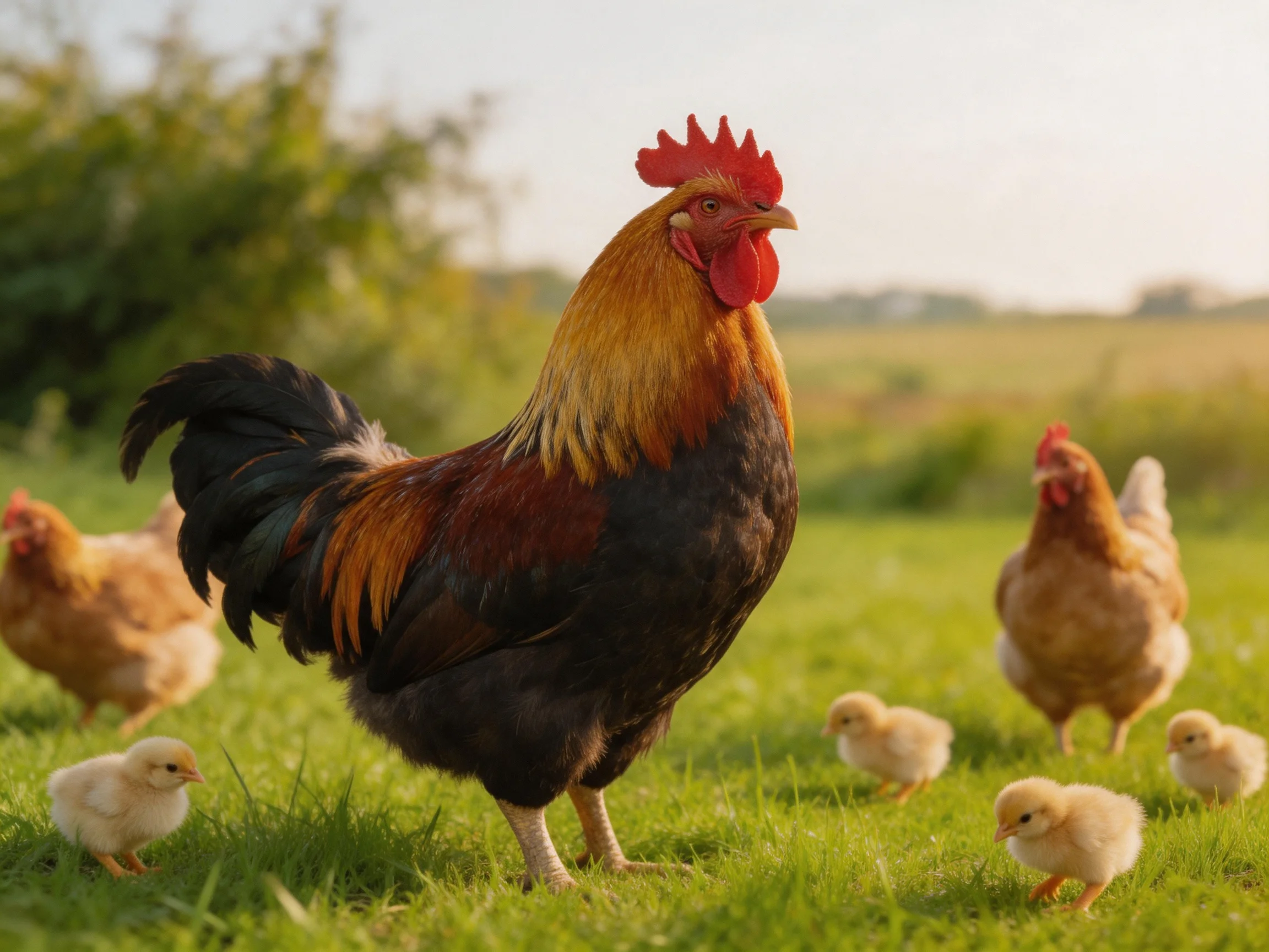 A rooster stands with hens and chicks in a sunlit green pasture.