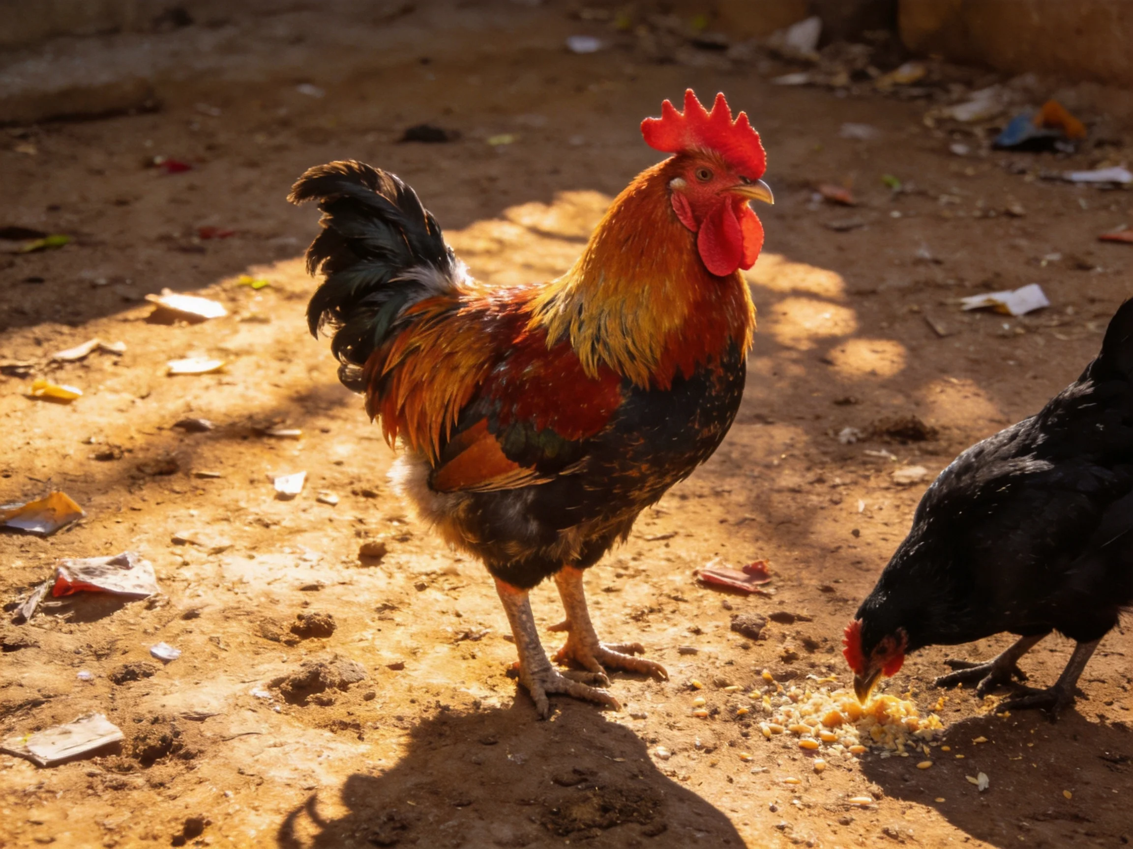 A colorful rooster stands beside a black hen eating seeds on a dusty ground