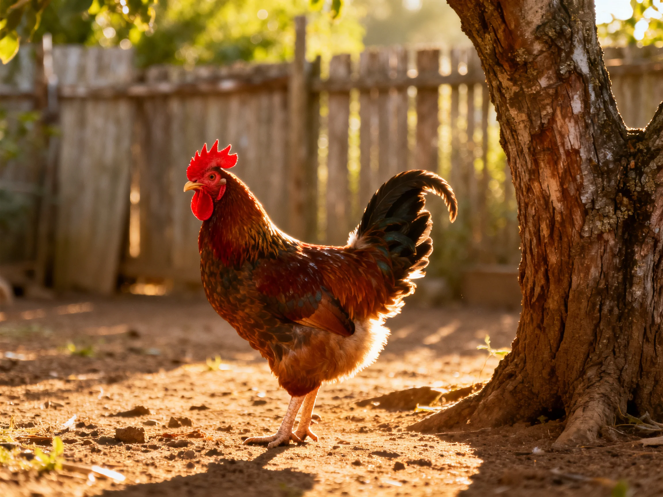 A colorful rooster stands beside a large tree in a sunlit rural yard