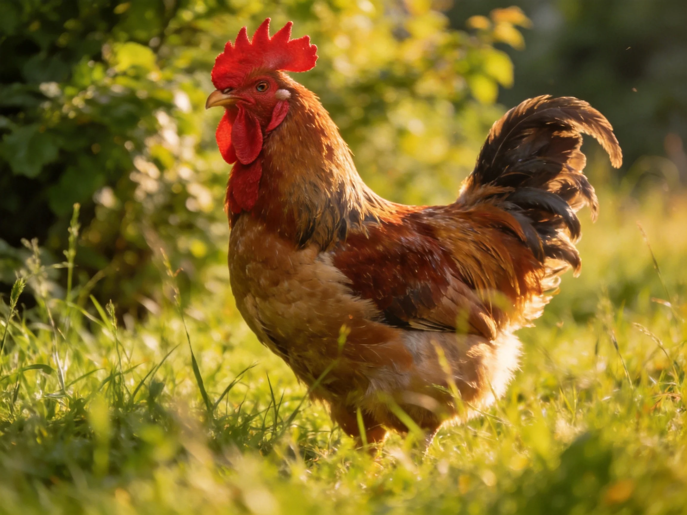A colorful rooster stands in sun-drenched grass near leafy bushes