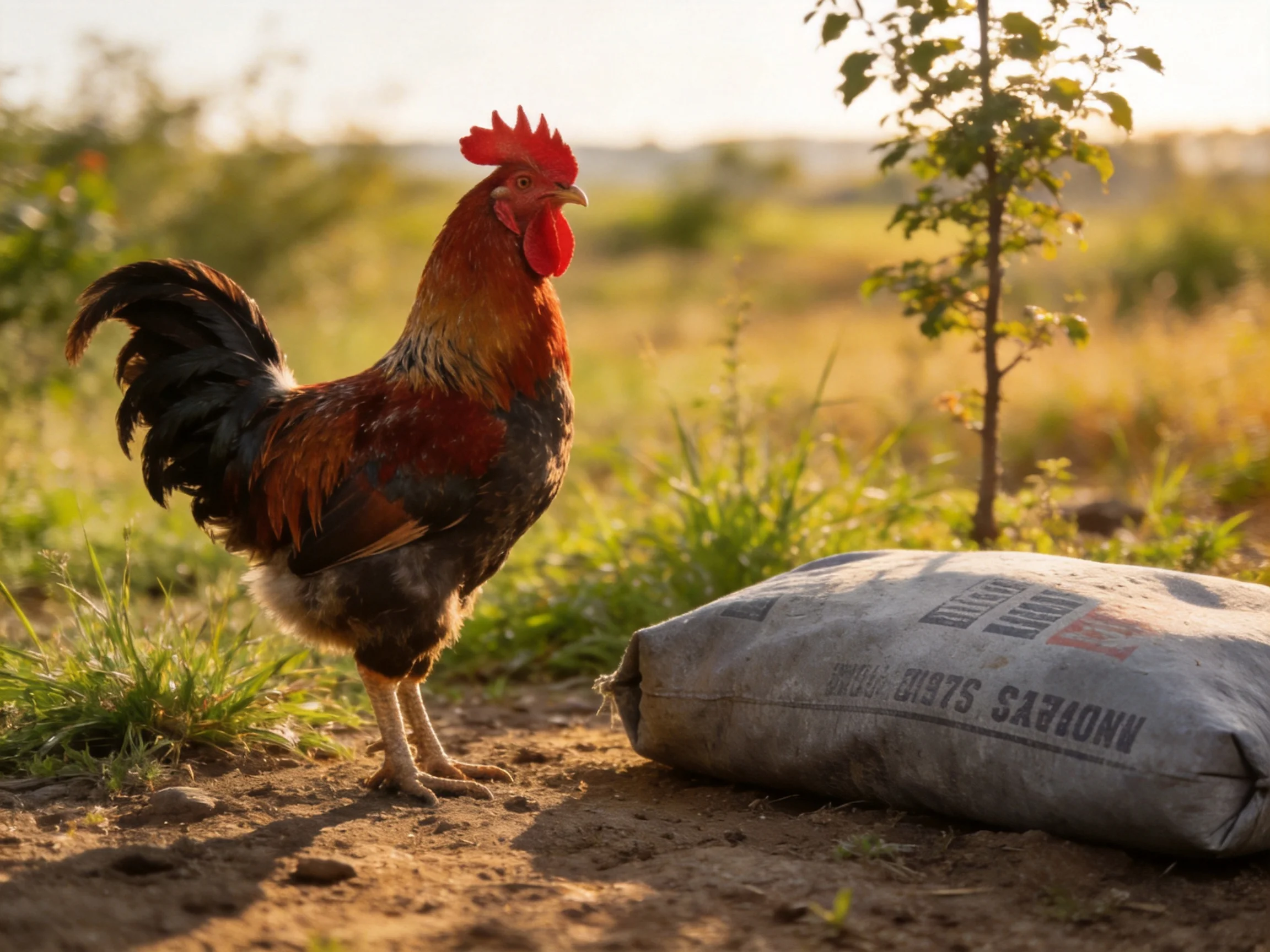 A colorful rooster stands near a gray sack in a sunlit open field