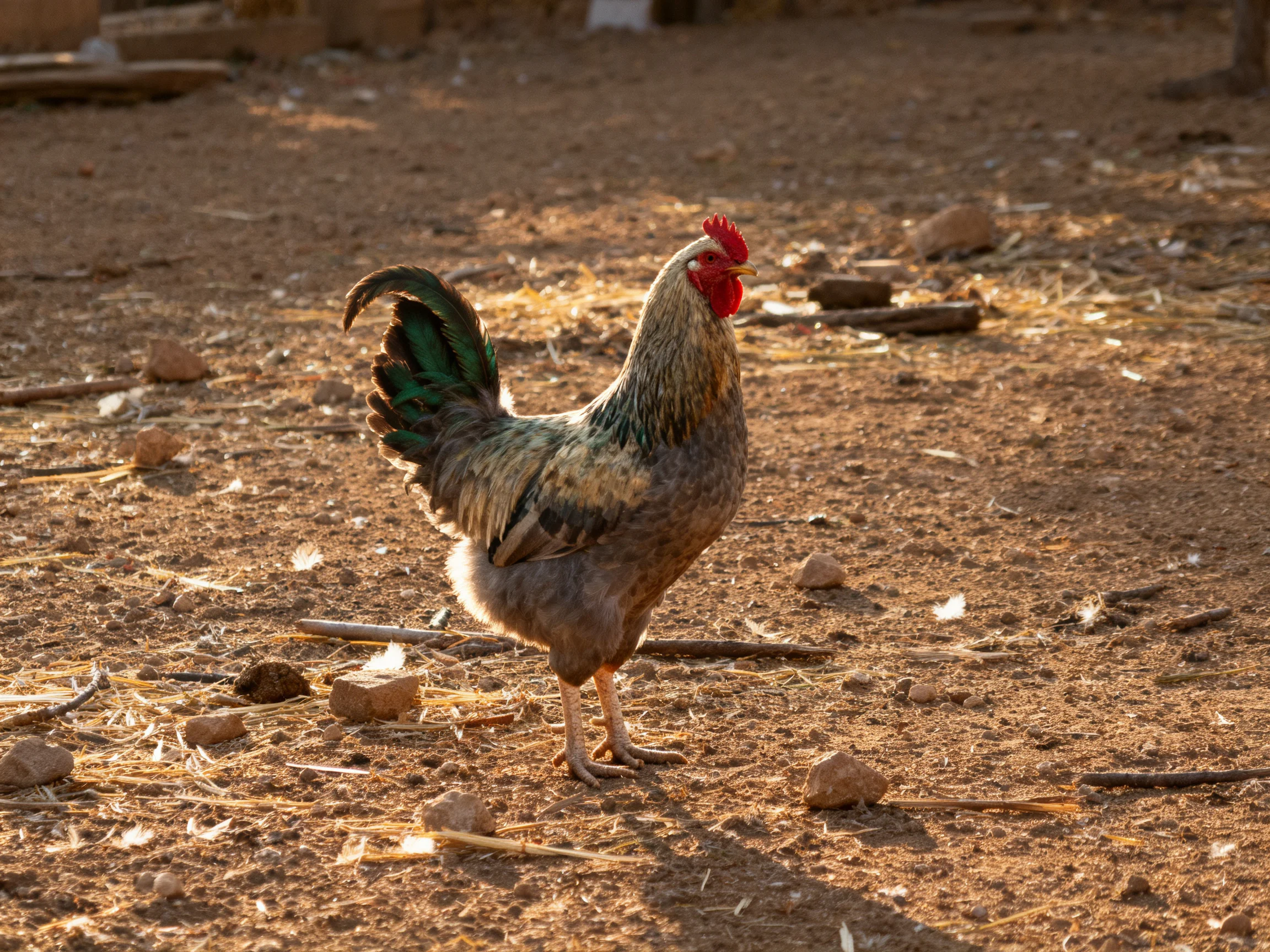 A colorful rooster stands on a dusty, debris-filled farmyard