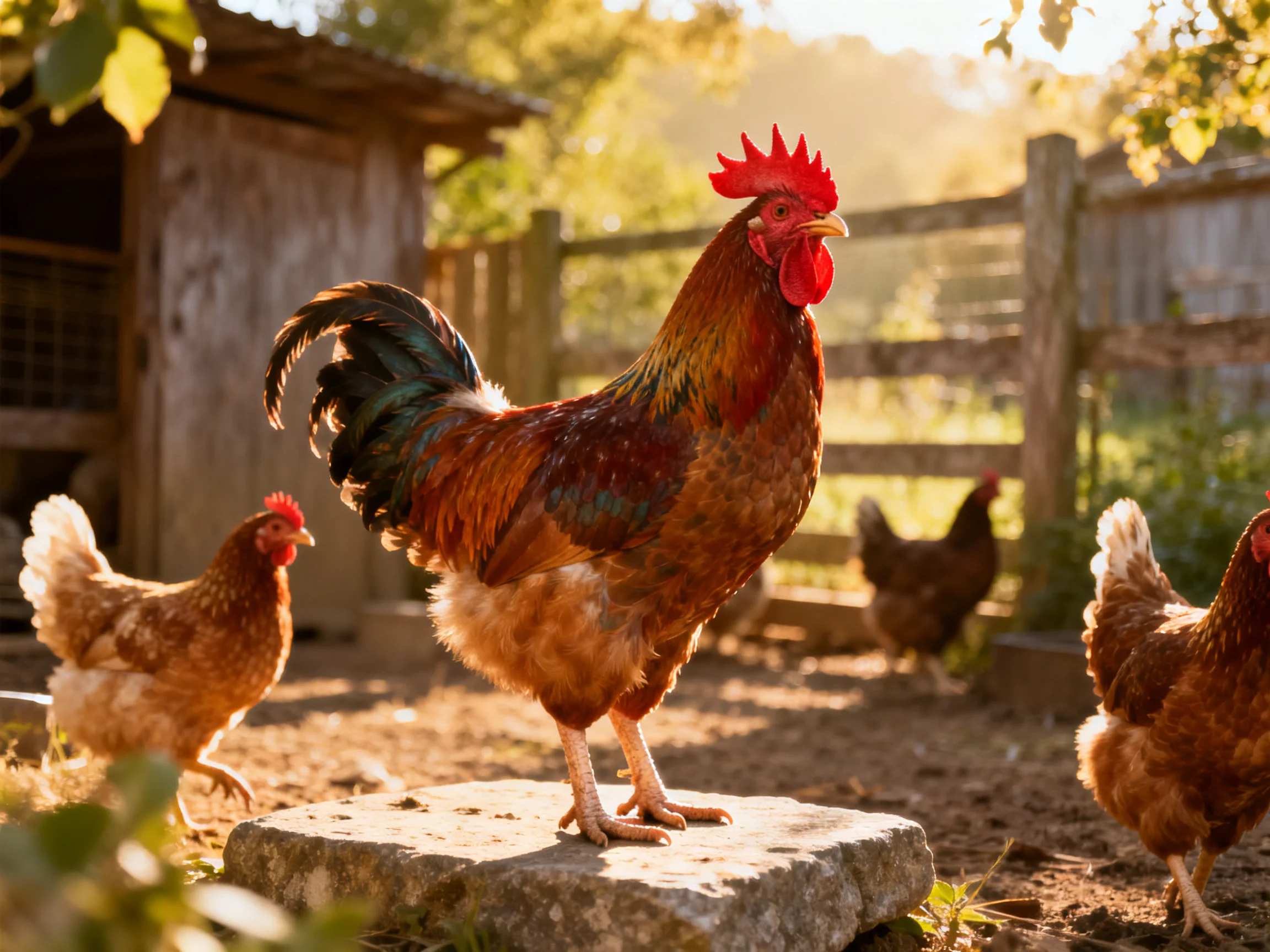 A rooster stands on a stone while brown hens move in a sunlit farmyard setting.