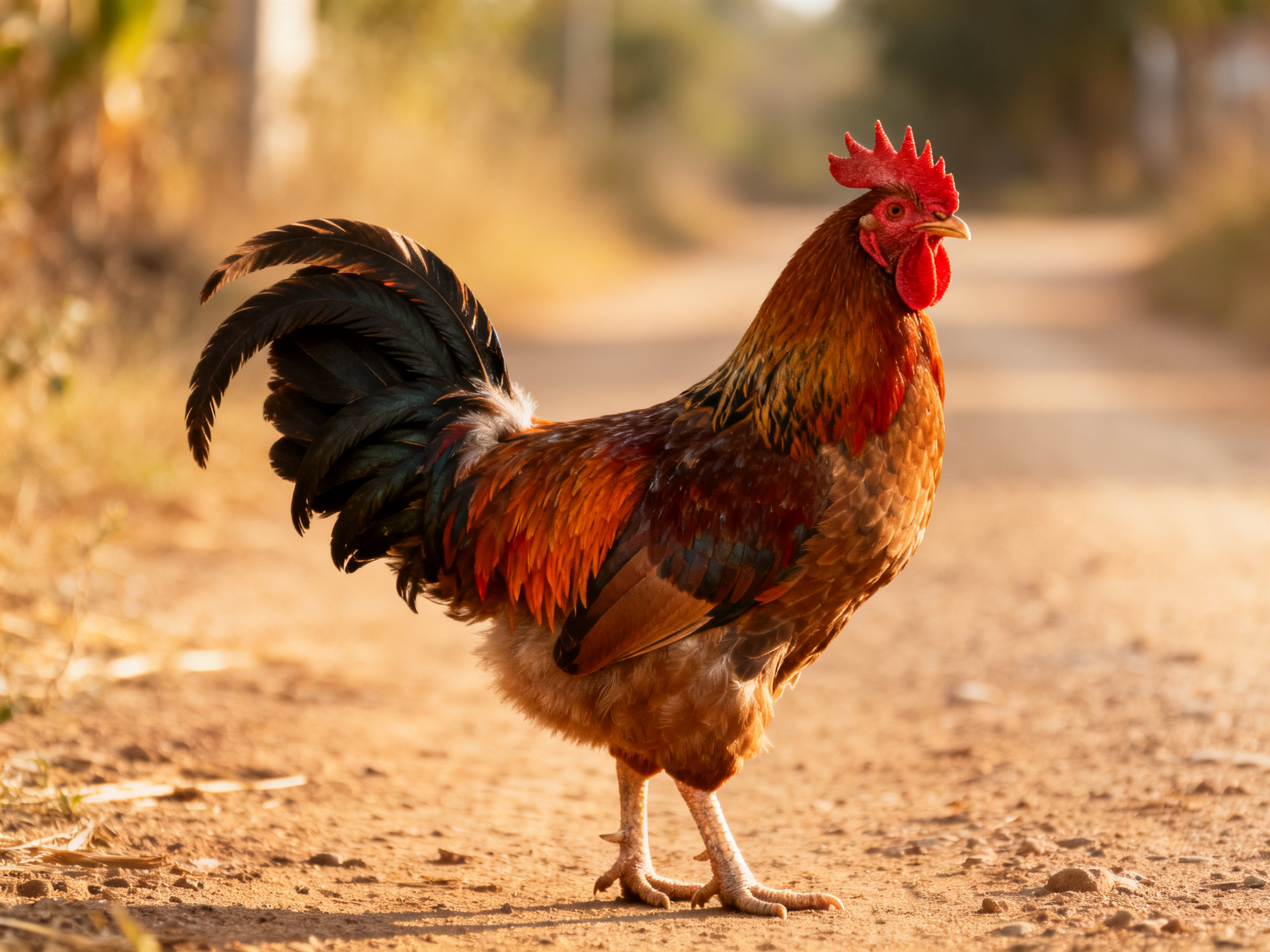 A colorful rooster stands on a sunlit dirt path