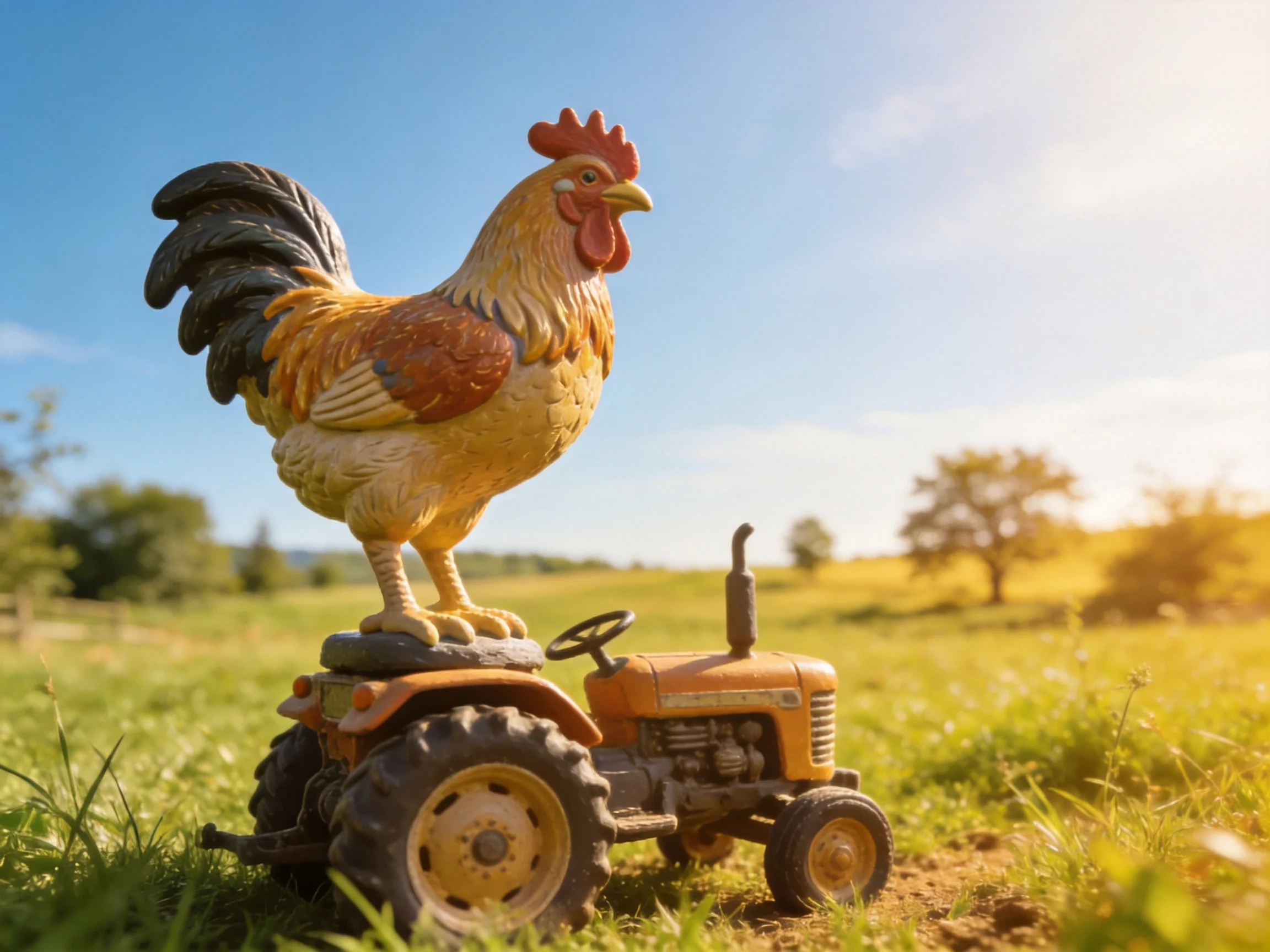 A colorful rooster statue stands atop a small orange tractor in a sunlit meadow