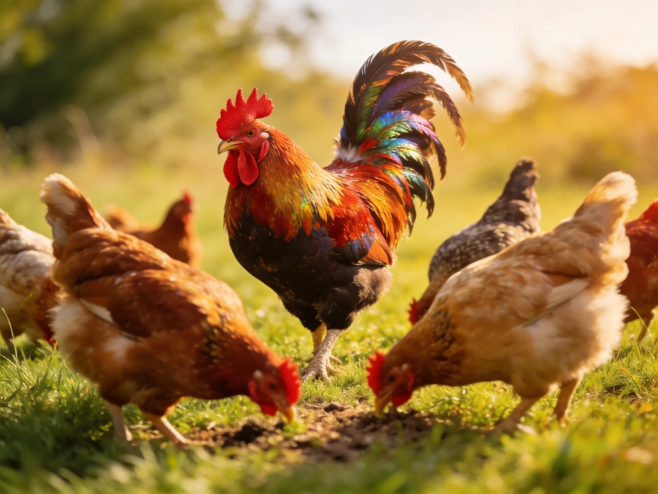 A colorful rooster surrounded by brown and beige hens in a sunlit field