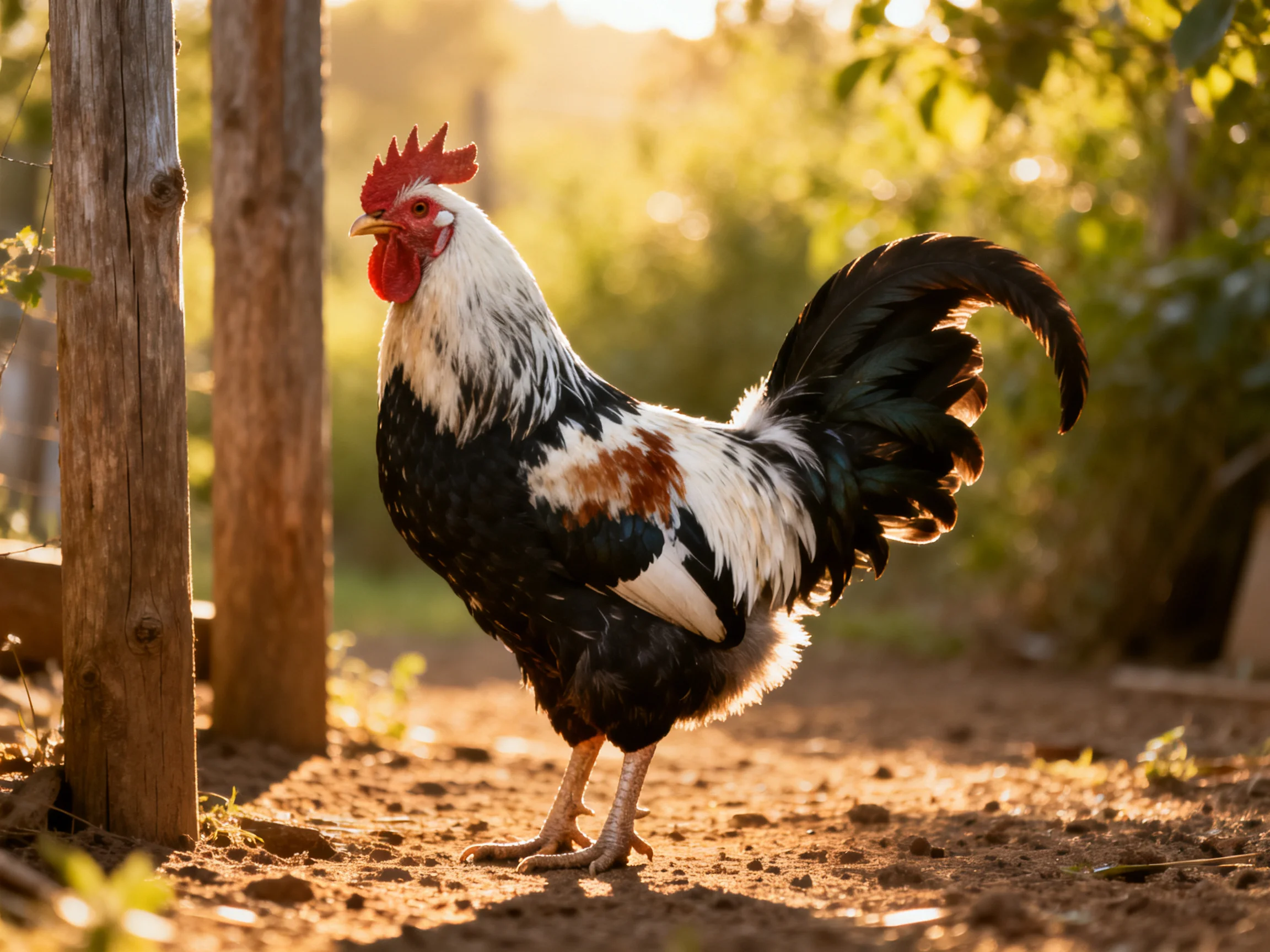A colorful rooster stands near wooden posts in a sunlit outdoor area.