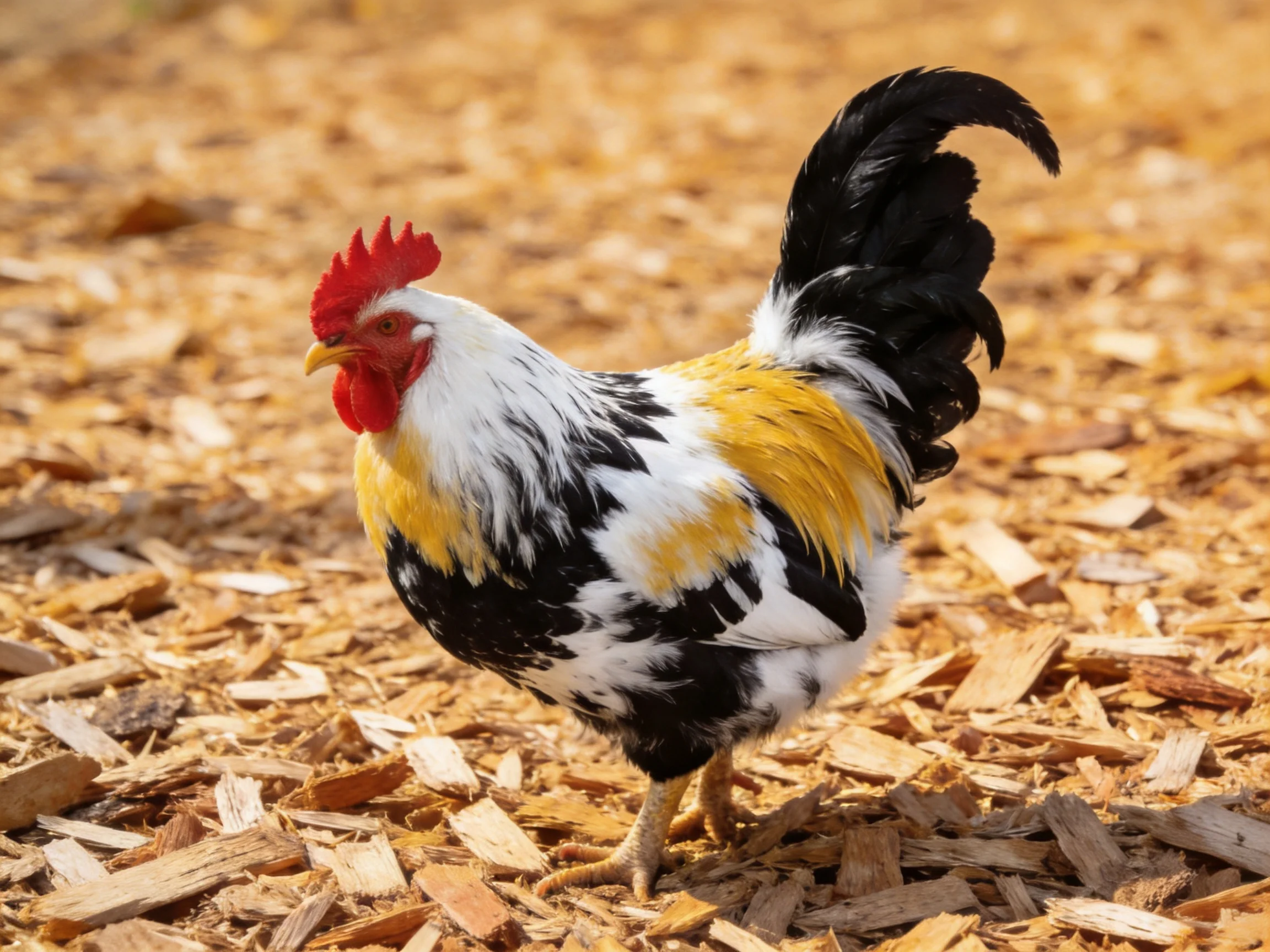 A colorful rooster with black, white, and yellow plumage stands on wood chips