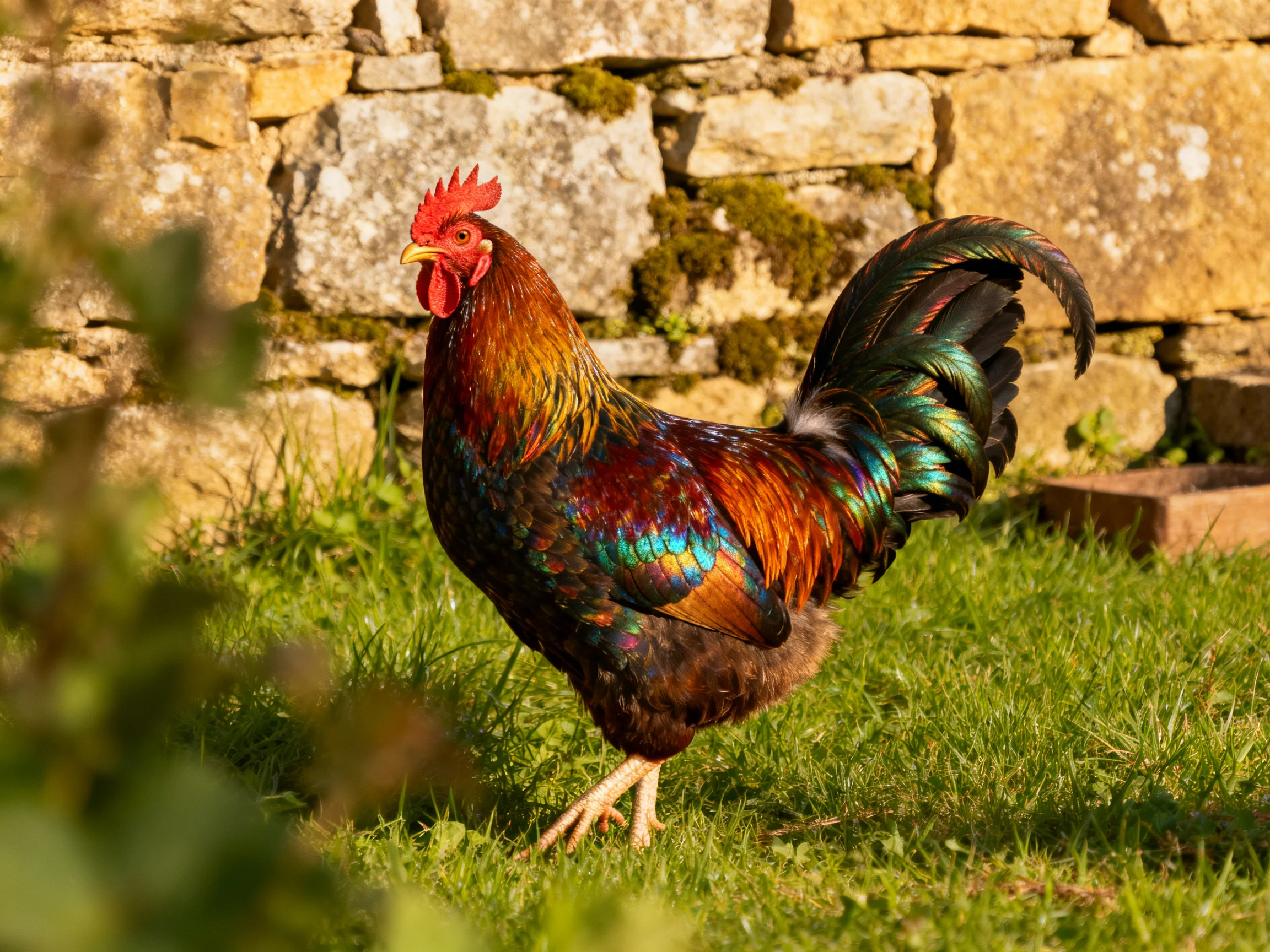A colorful rooster with iridescent plumage near an old stone wall
