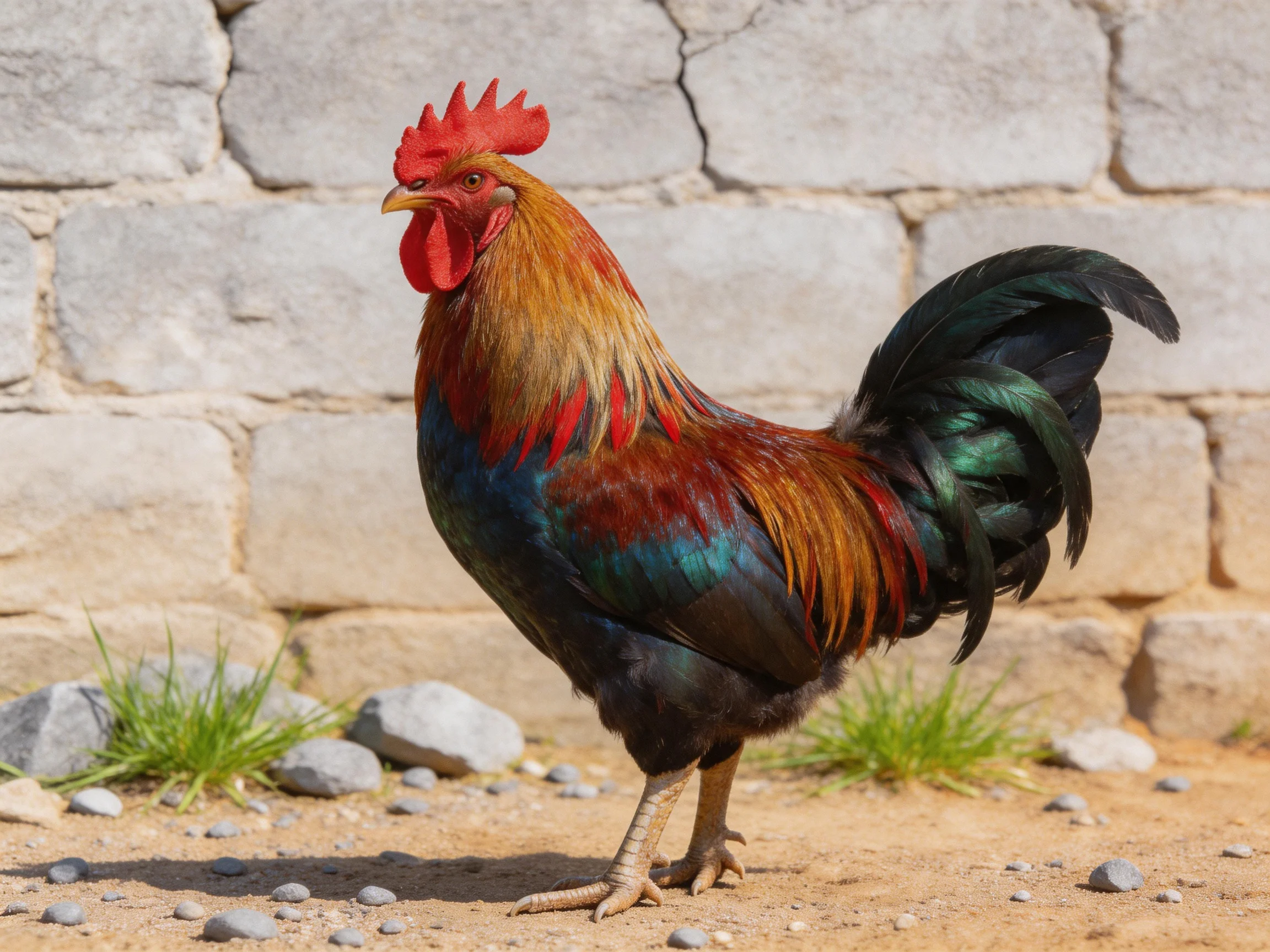A rooster with vibrant red, brown, and green feathers stands near a weathered stone wall.