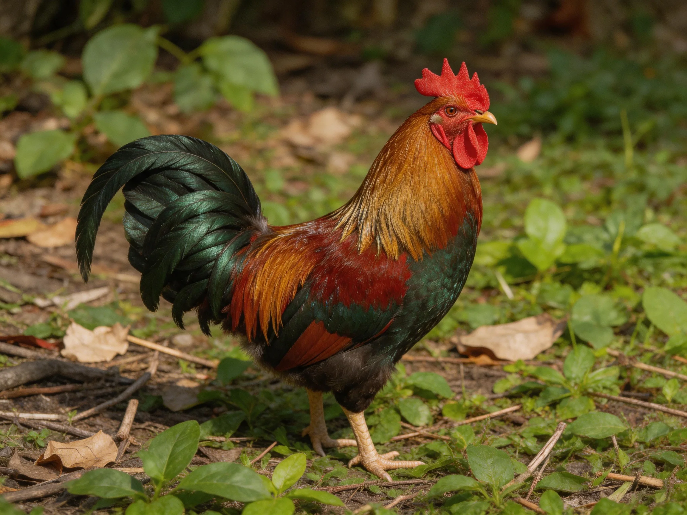 A vibrantly colored rooster stands among green foliage and scattered leaves.