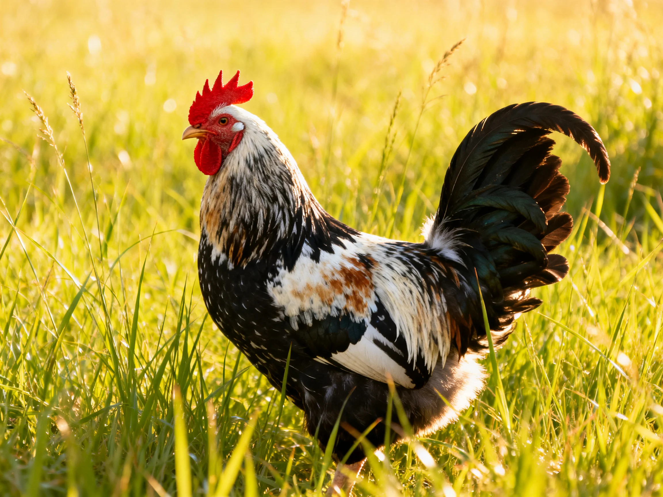 A multicolored rooster with red comb moves through sunlit grass