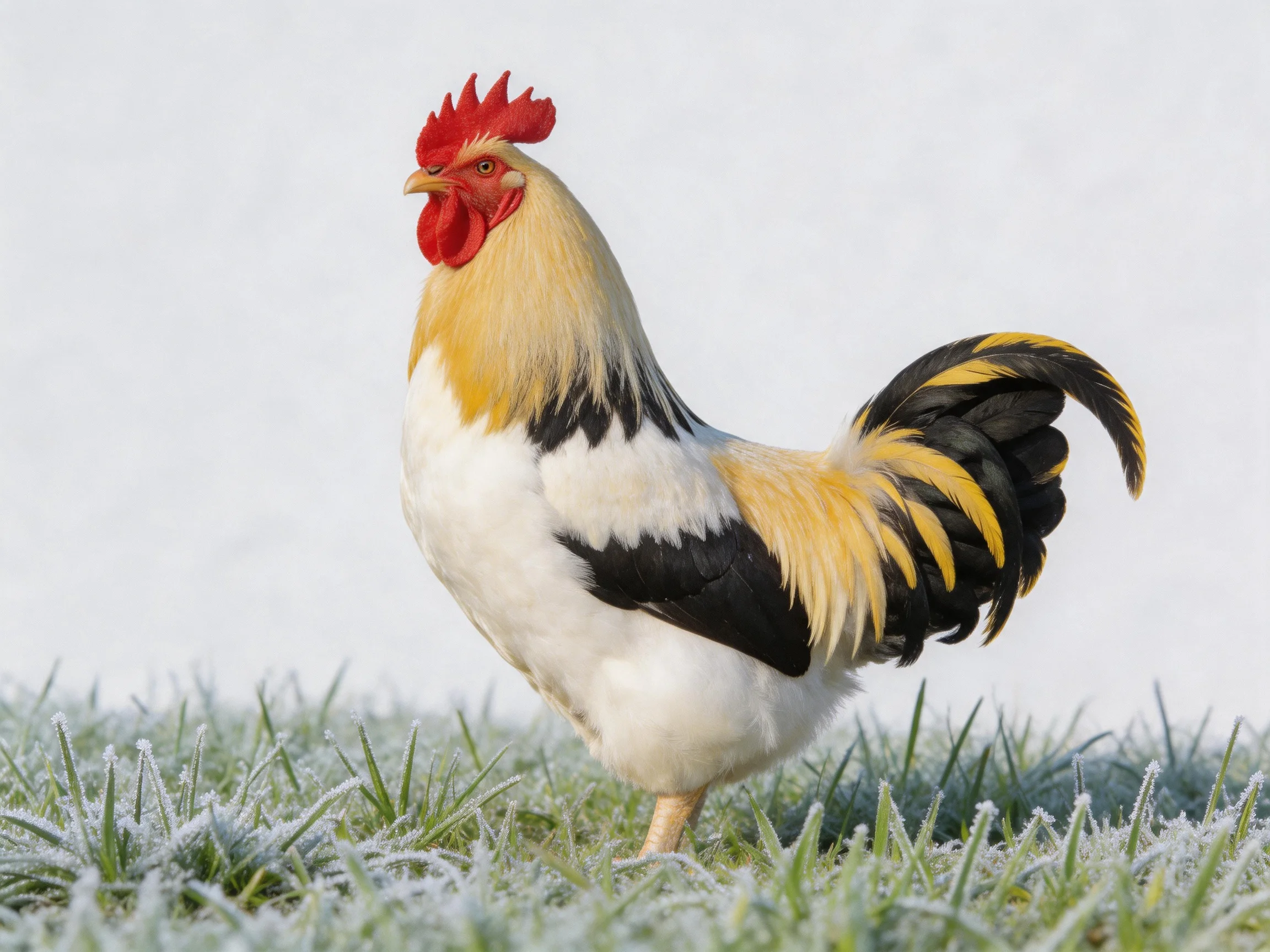 A rooster with vibrant plumage stands on frosty grass.