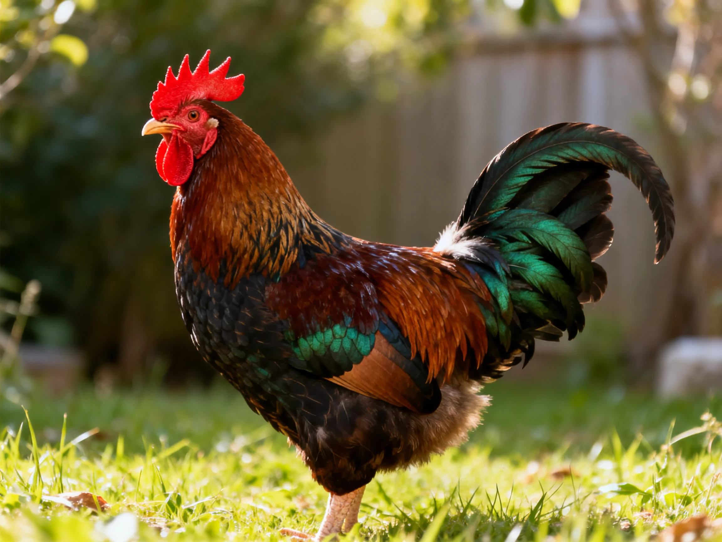 A colorful rooster with red comb stands on grass in a sunlit yard
