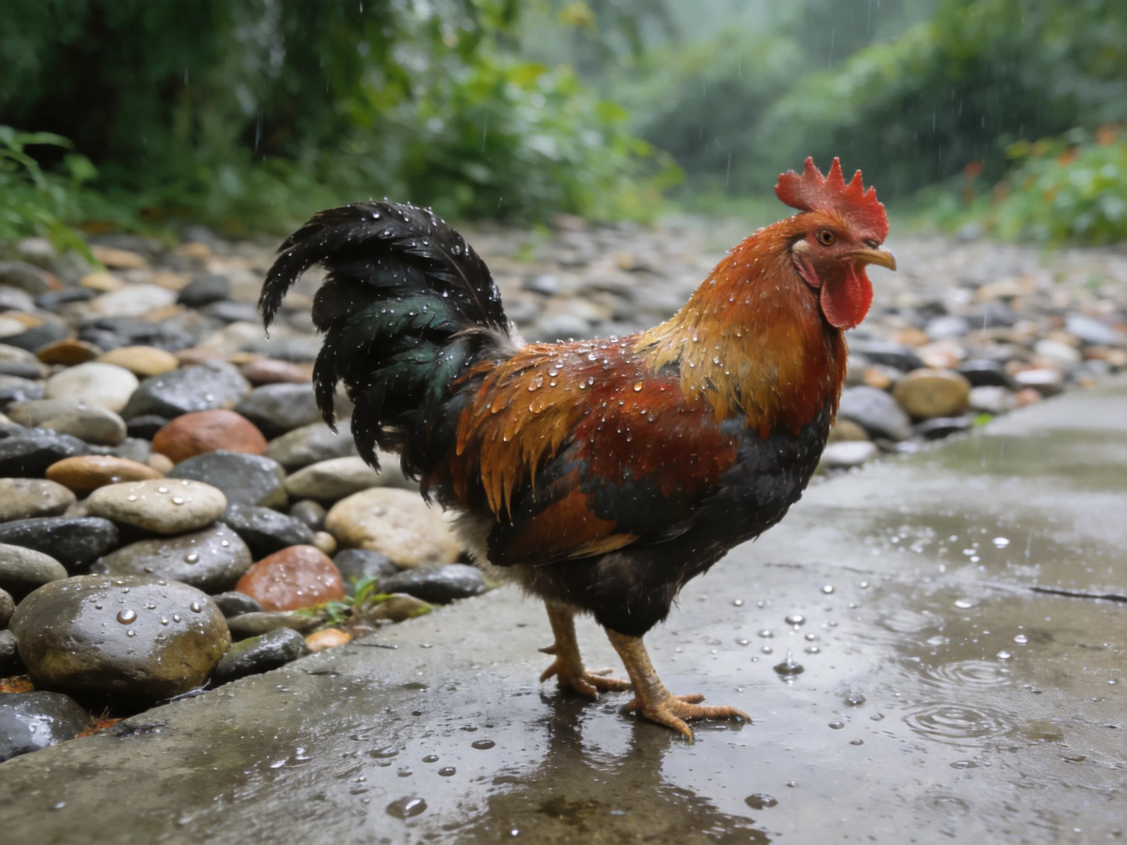 A rooster with colorful plumage stands on wet pavement during rainfall near smooth stones.