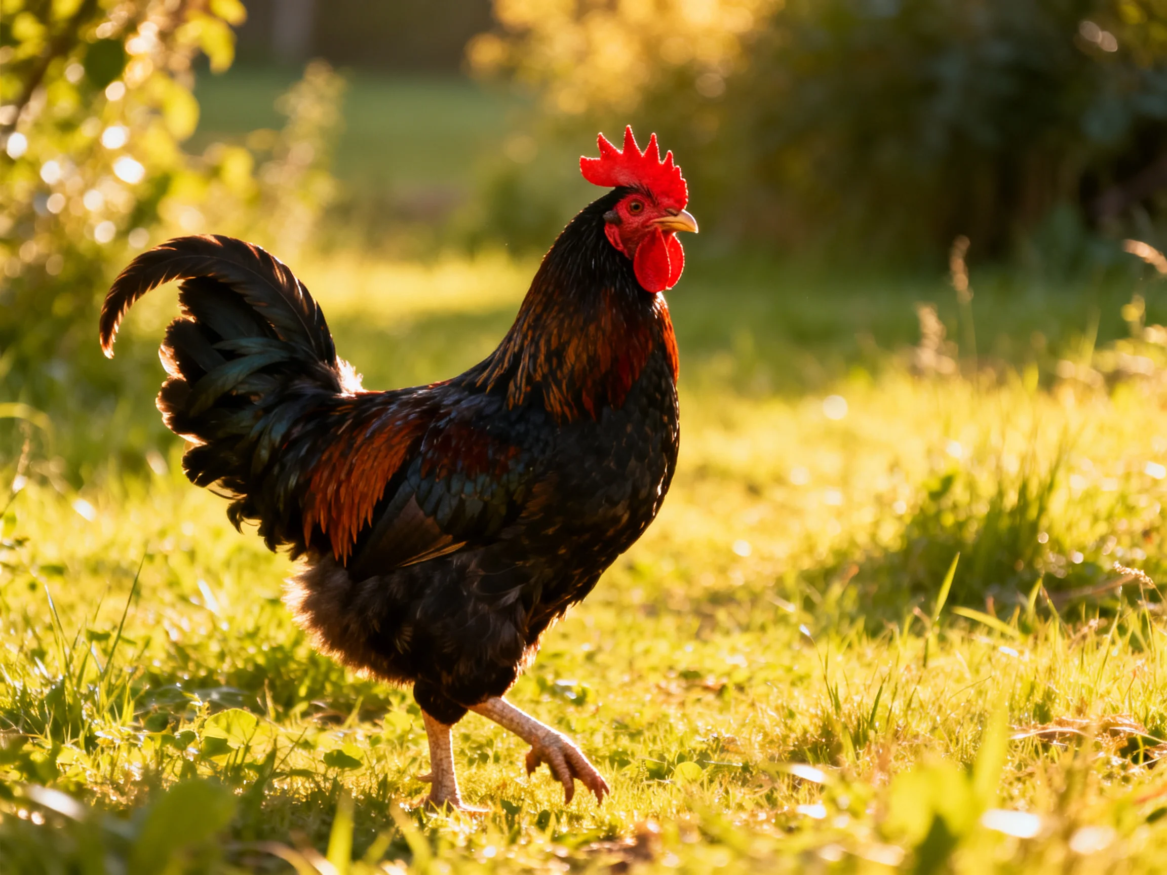 A rooster with a red comb walks through sunlit grass.