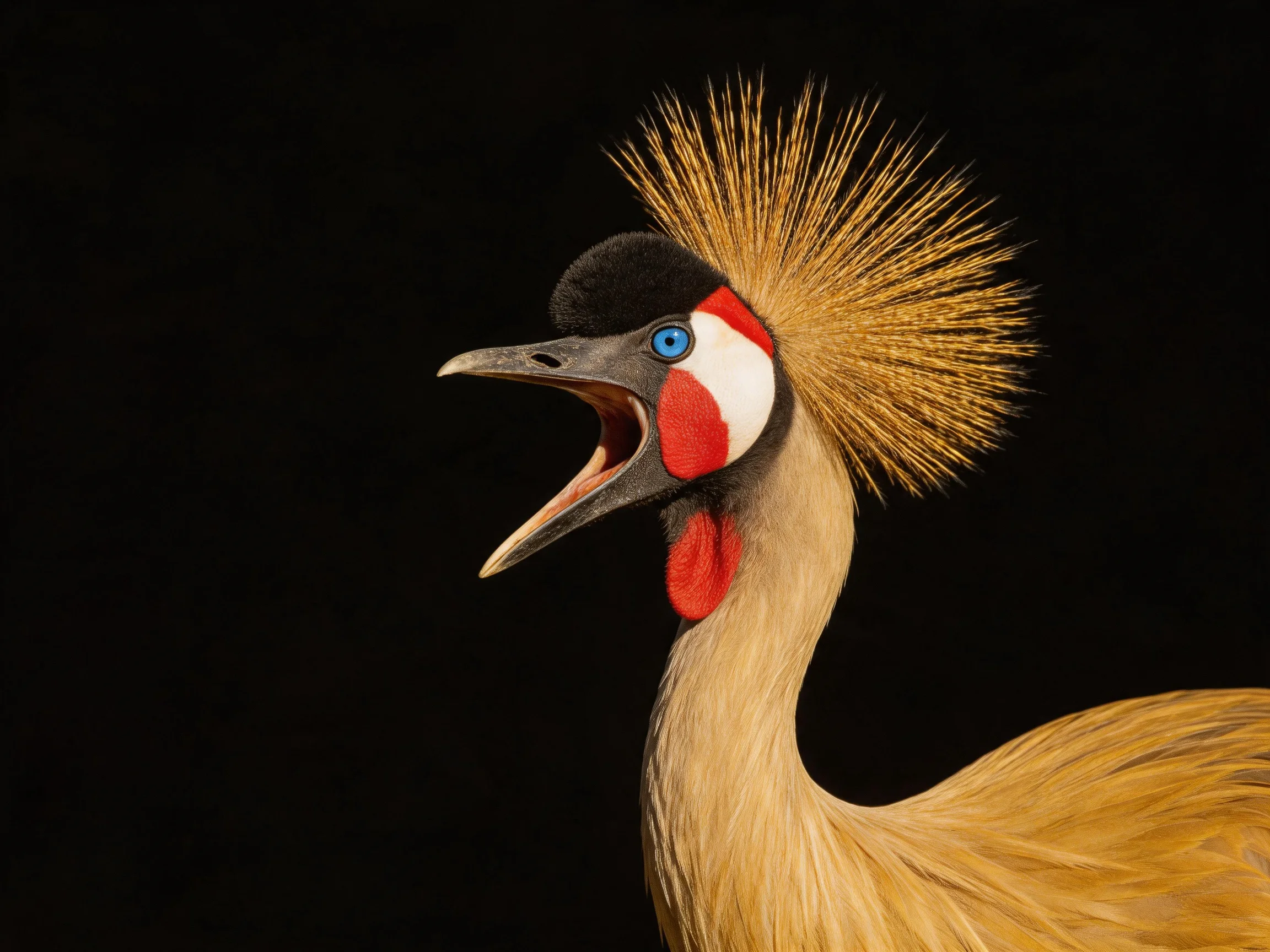 A crested bird with golden spiky crest, red facial patches, and open beak