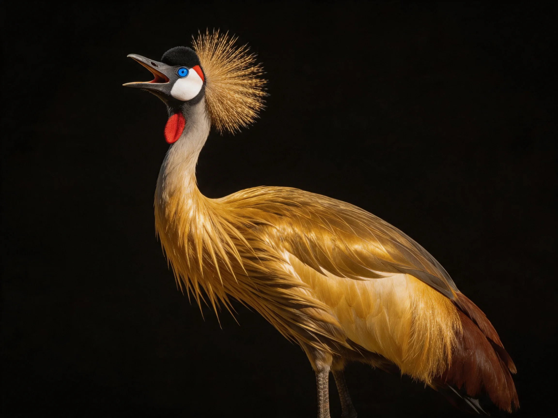 A crested crane with golden plumage and vibrant facial markings