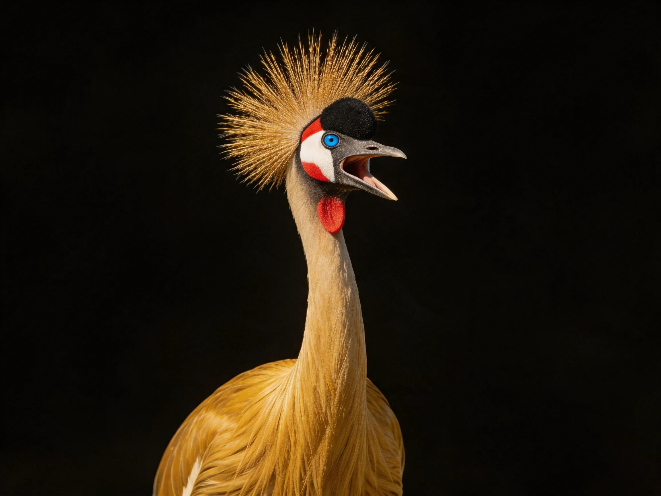 A crested crane with golden plumage and vibrant facial markings