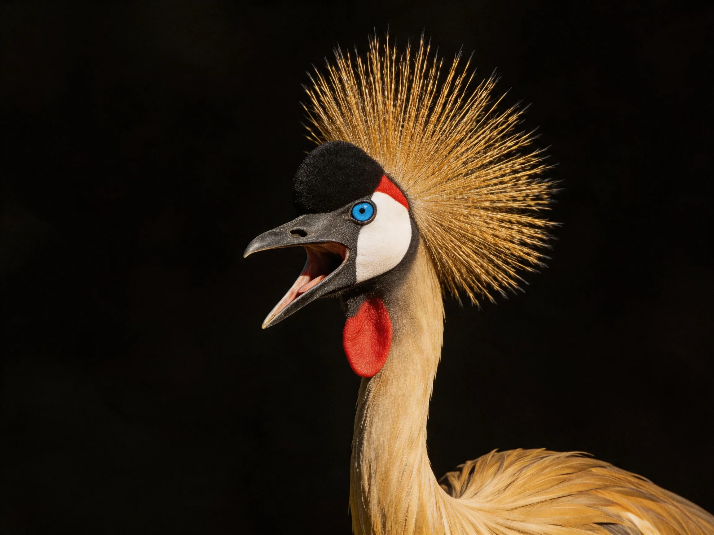A crested crane with golden spiky crest, blue eye, and red wattle on black backdrop