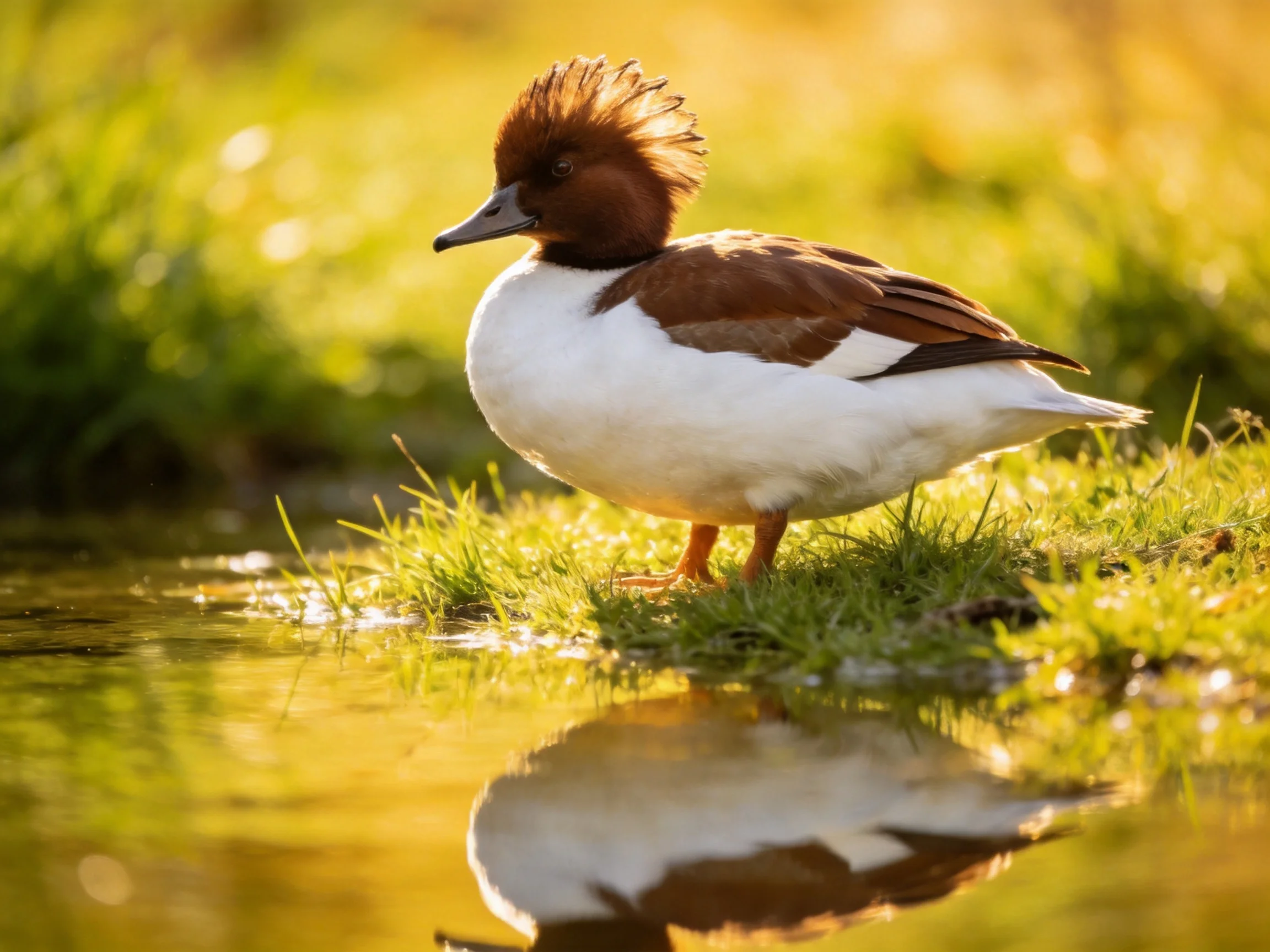 A crested duck with brown and white plumage by reflective water