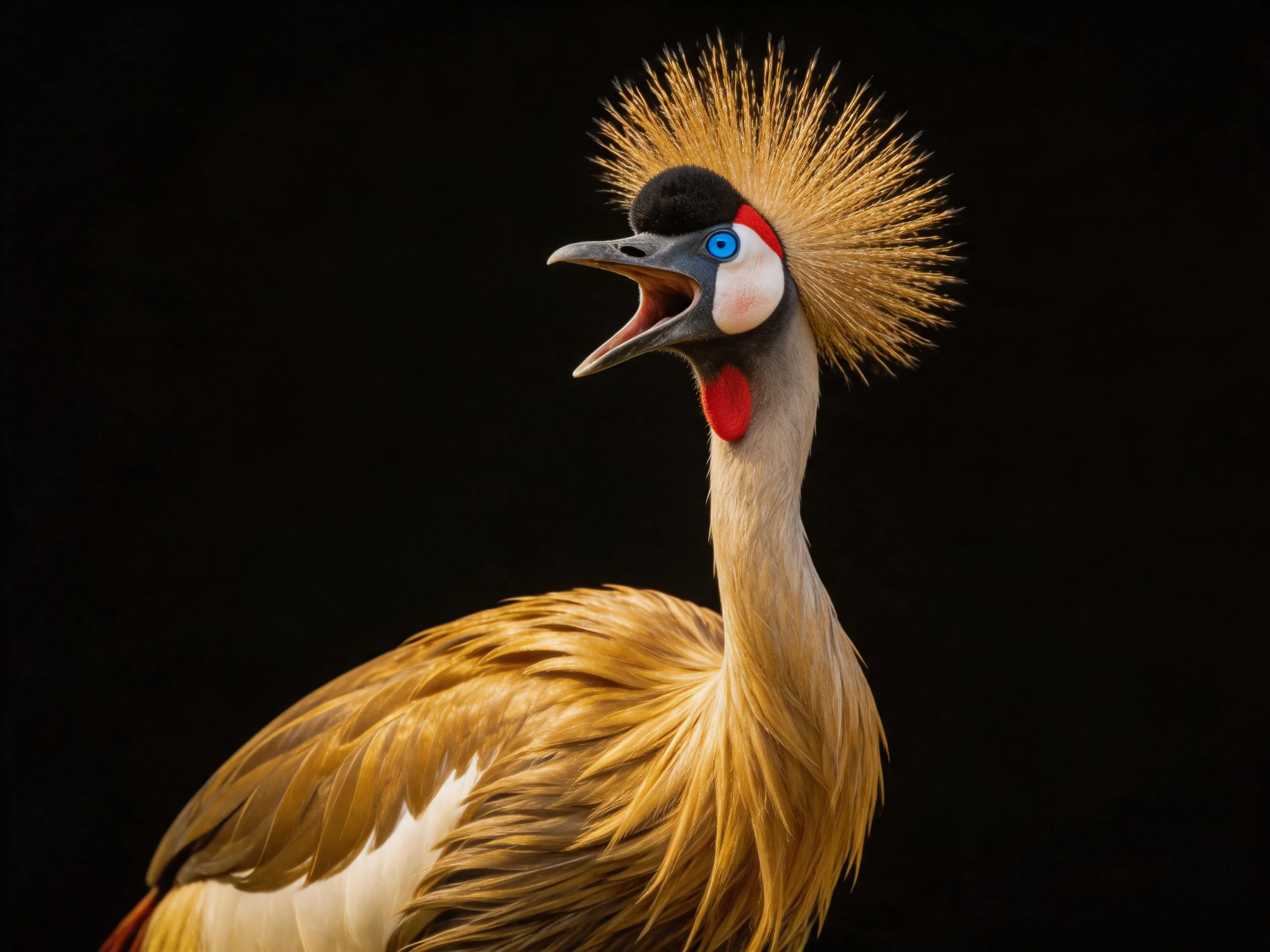 A crowned crane with golden plumage and vibrant facial markings