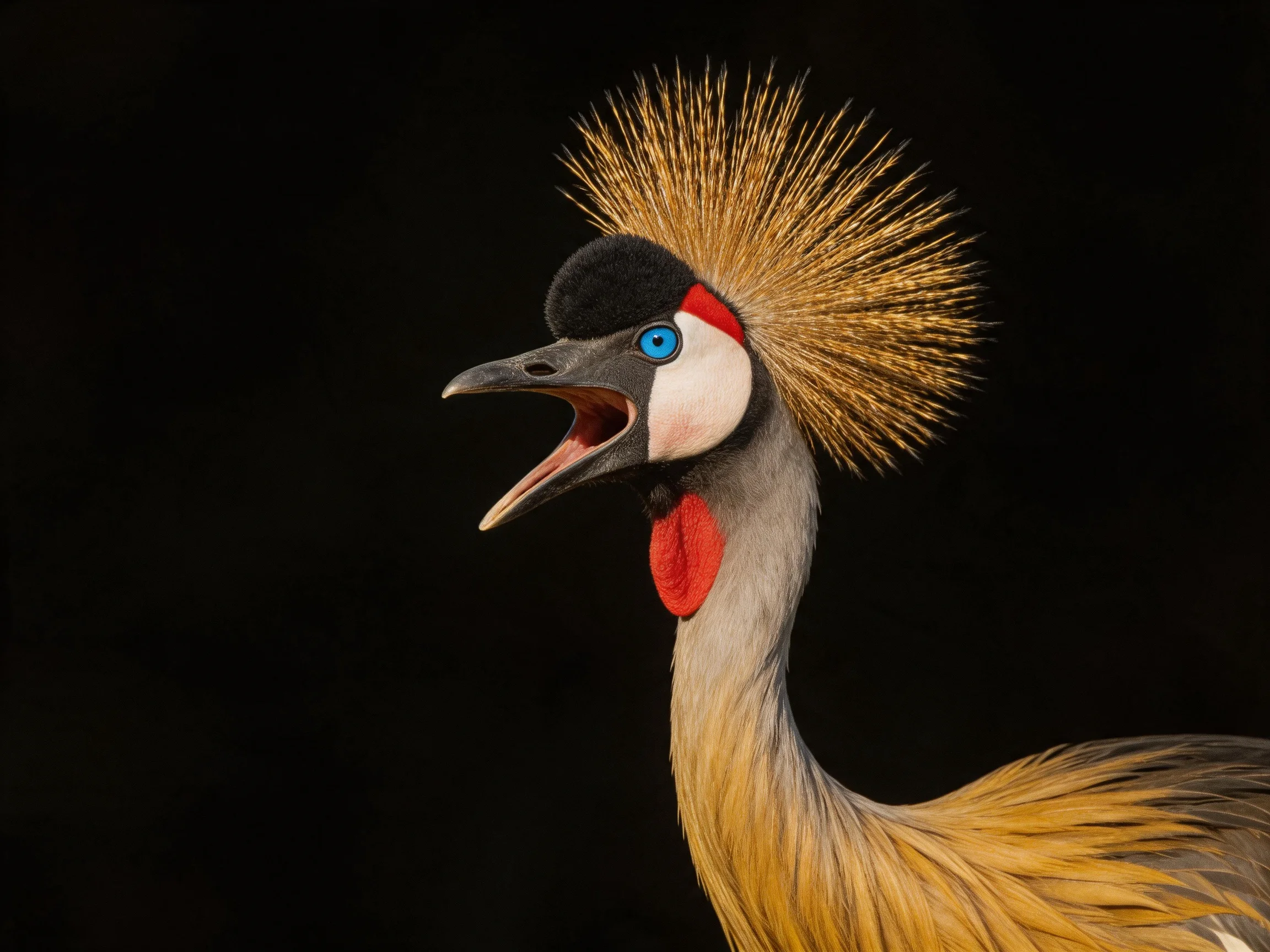 A crowned crane with golden spiky crest, bright blue eye, and red throat pouch on black background