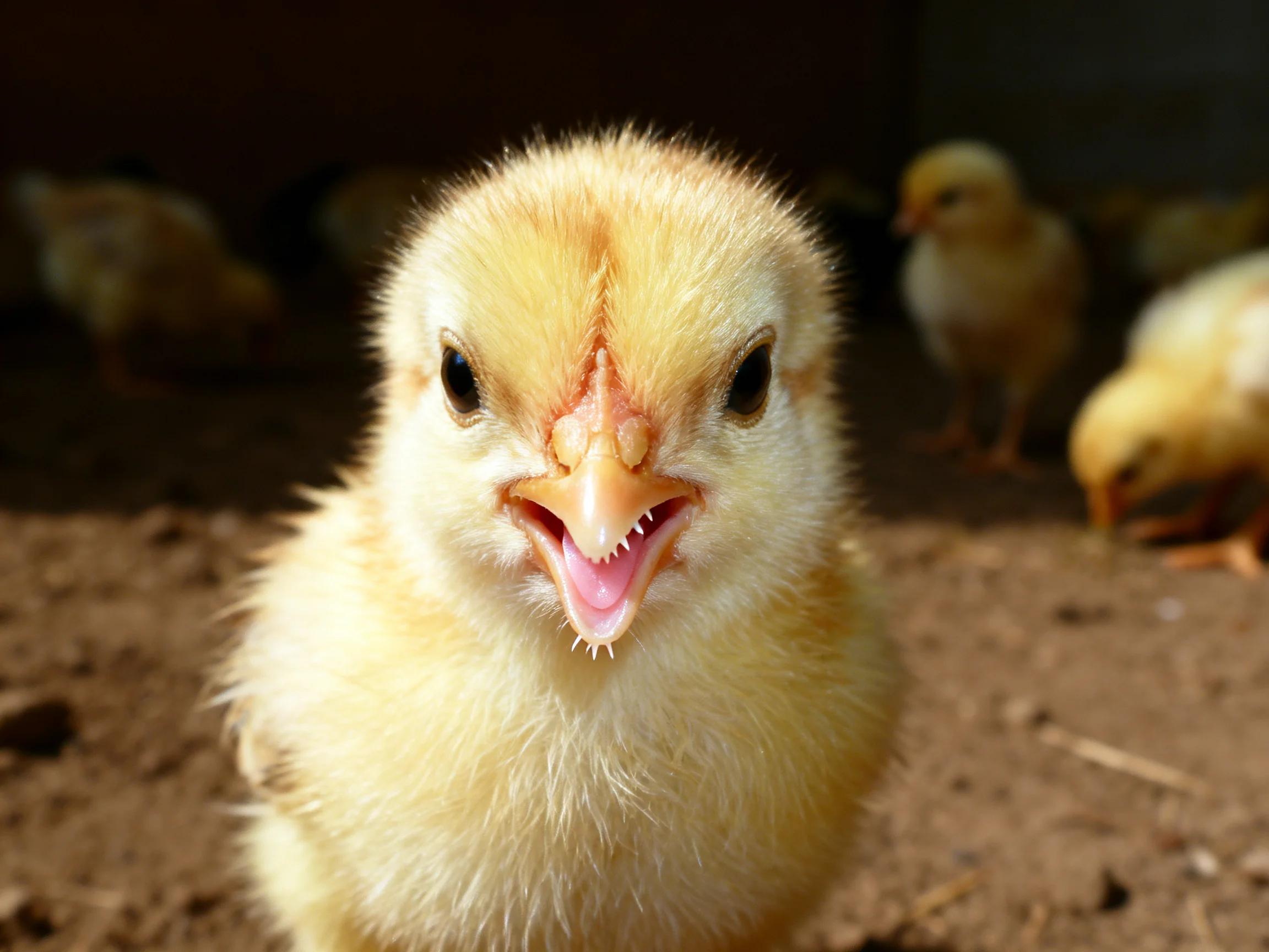 A curious yellow chick with open beak near other chicks