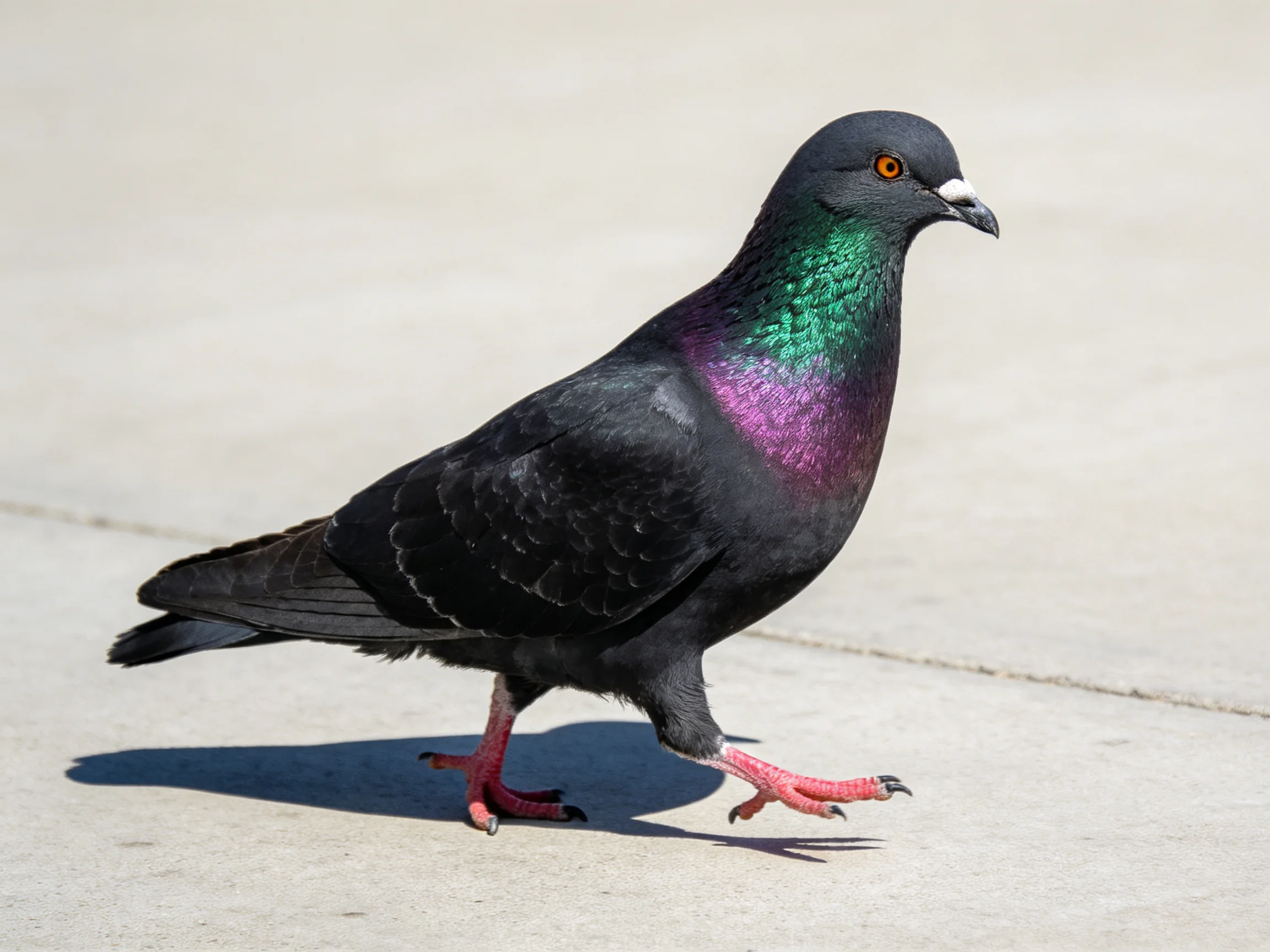 A dark-feathered pigeon with green-purple iridescence walks on concrete