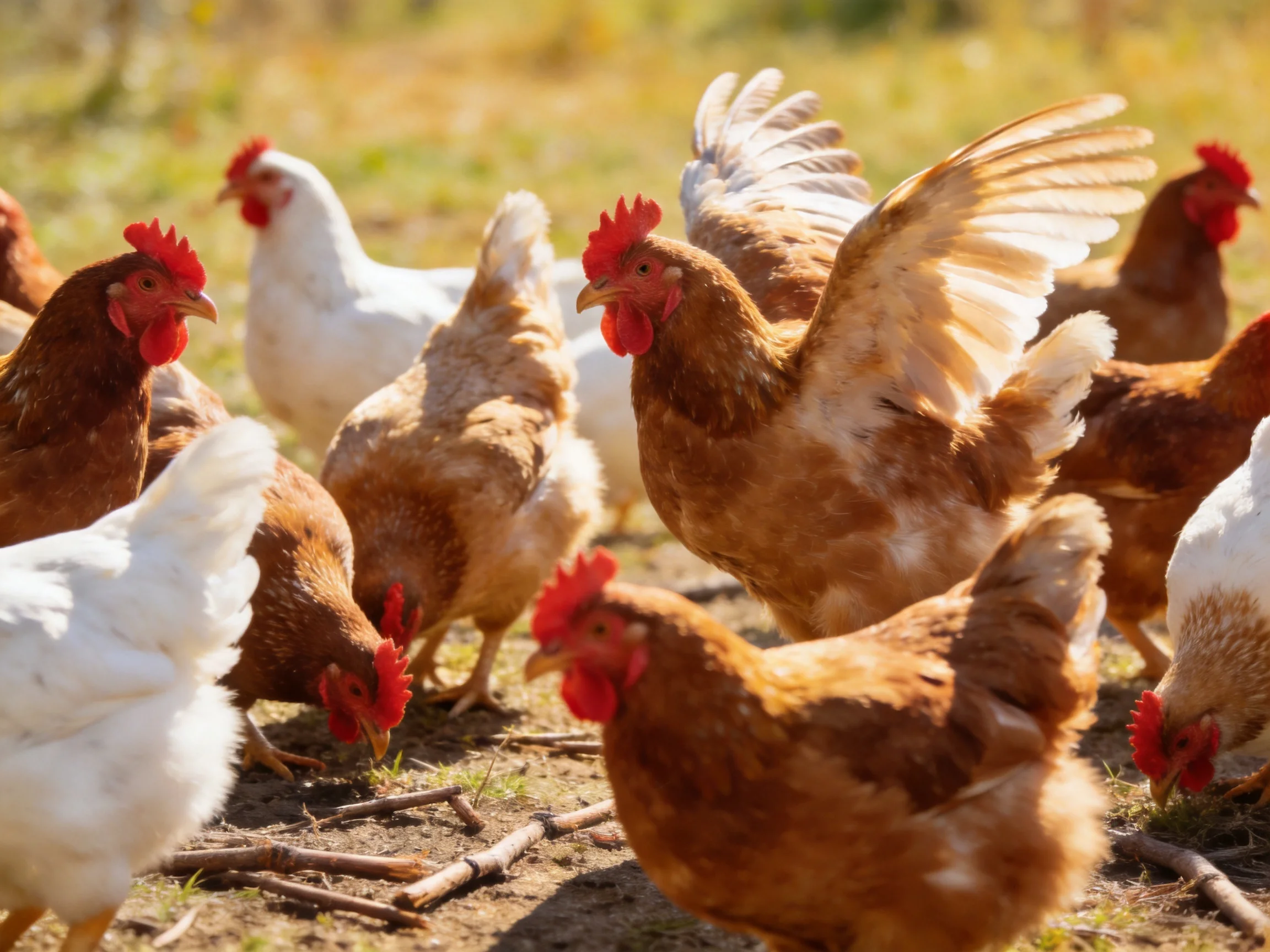 A diverse flock of brown, white, and tan chickens pecking at ground