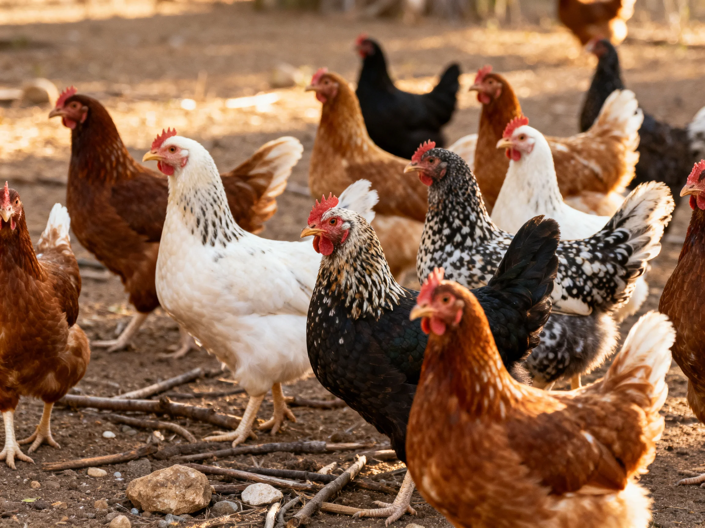 A diverse flock of chickens with varied colors and patterns gathered outdoors