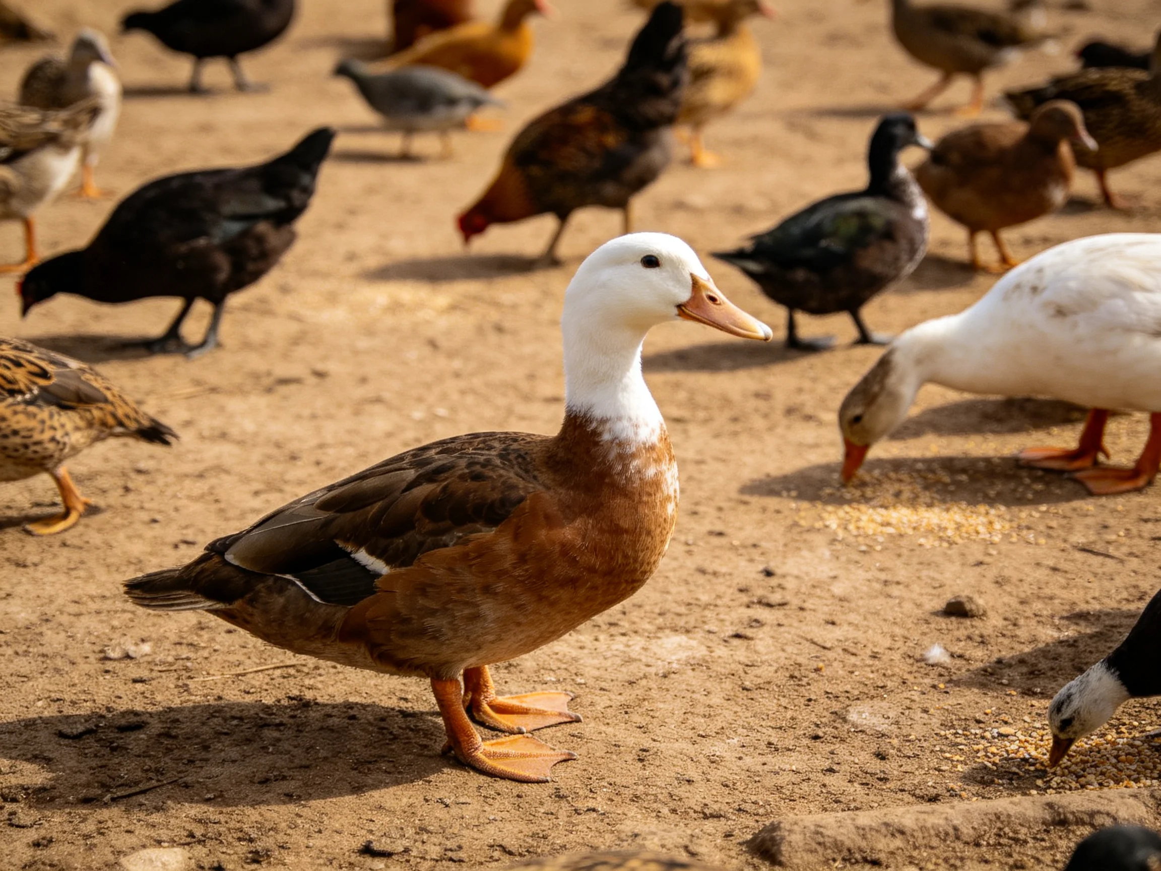 A diverse flock of ducks and chickens forages on dusty farm ground