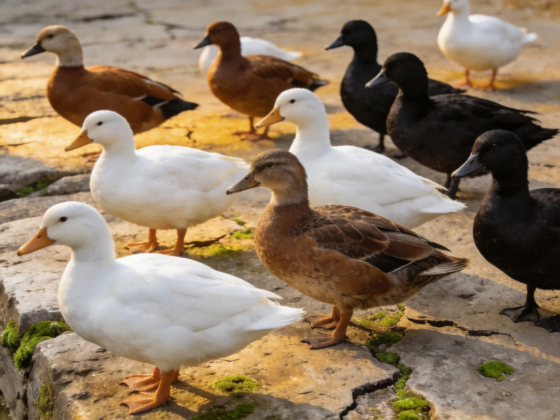 A diverse flock of ducks in white, brown, and black on a stone path