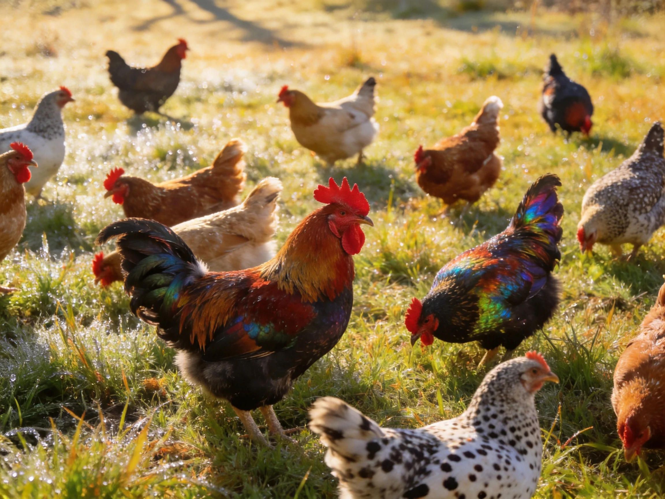 A diverse group of multicolored chickens forages in a sun-dappled grassy field