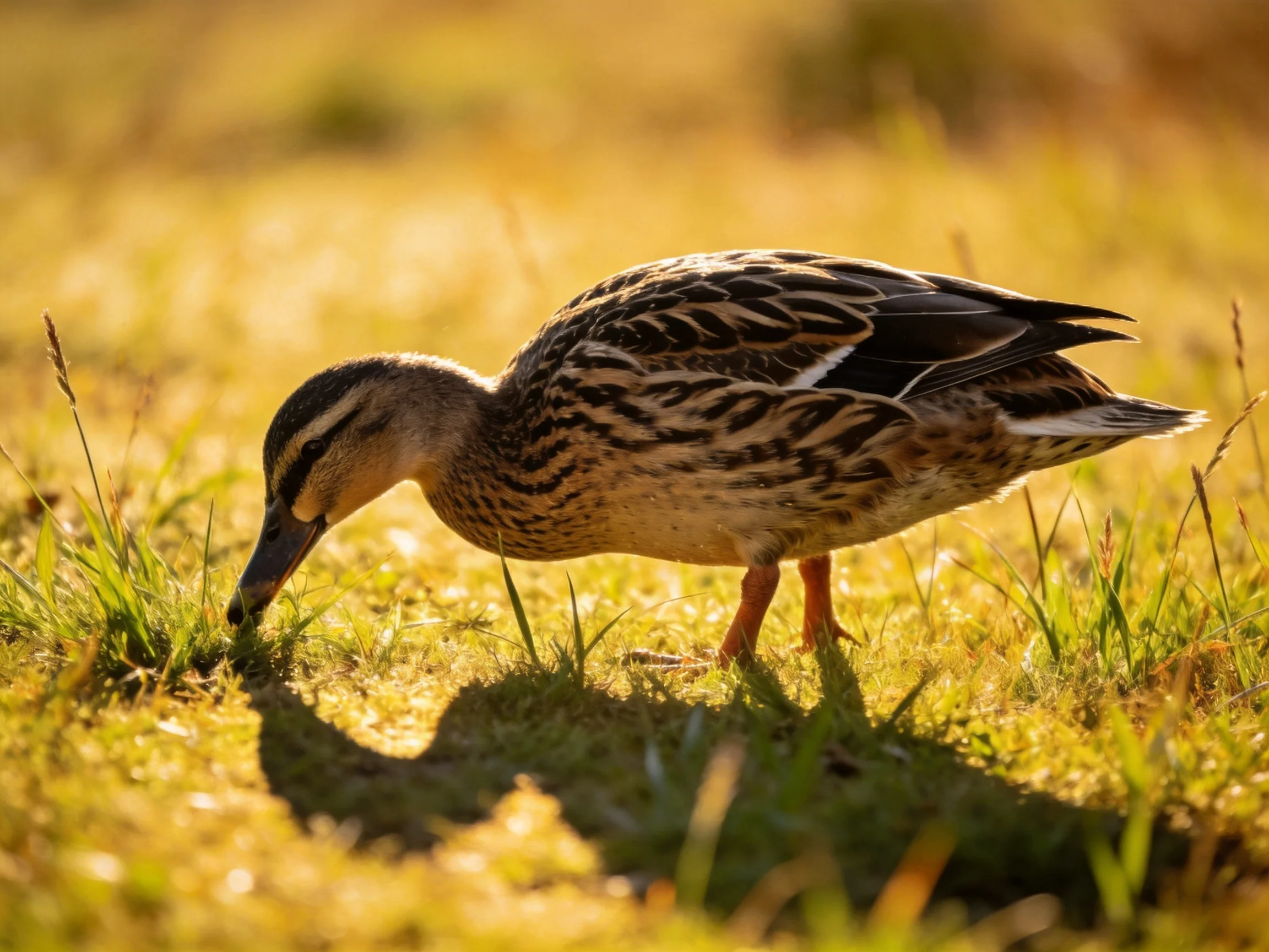 A duck forages in sunlit golden grass with patterned plumage