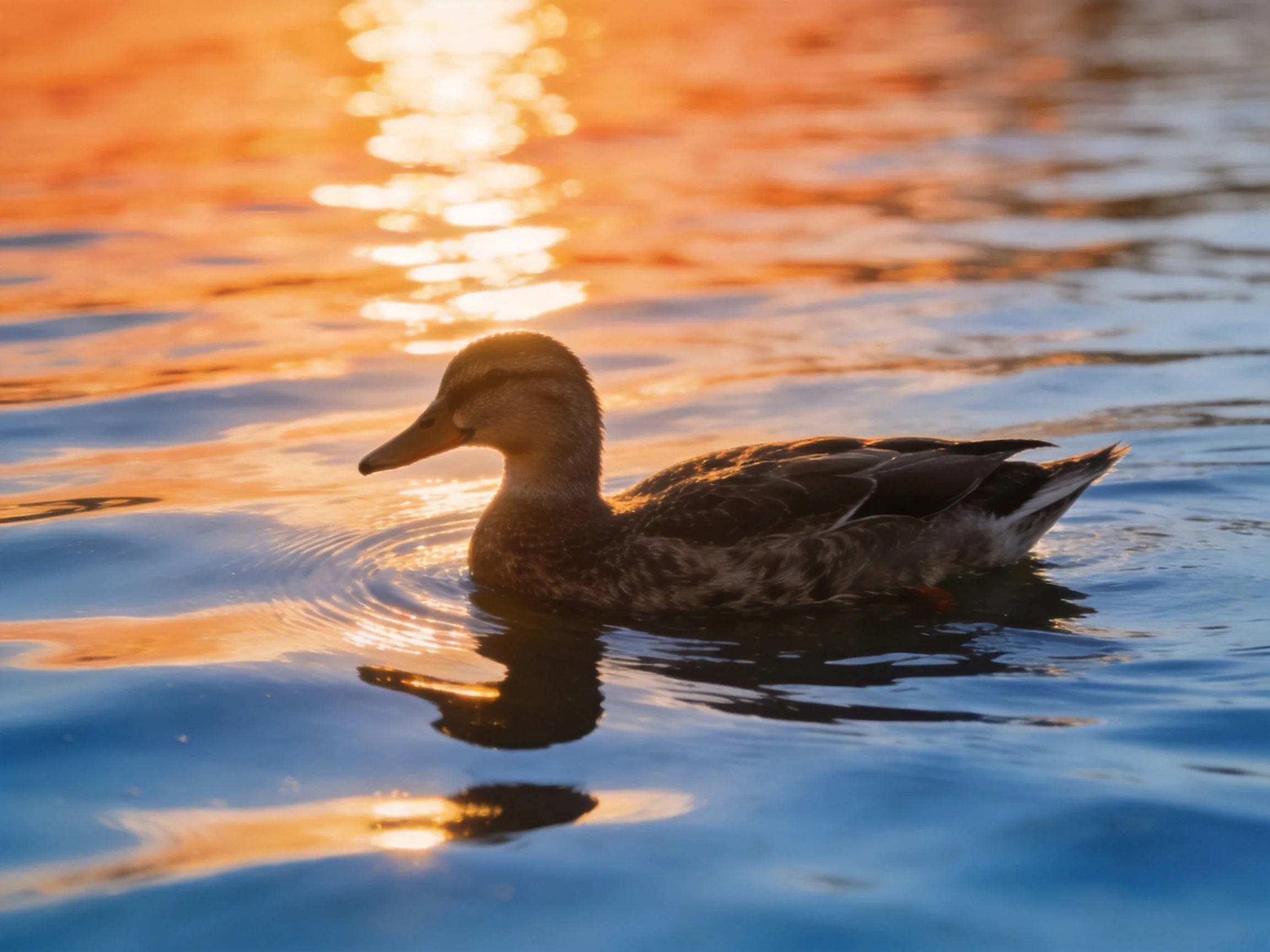 A duck glides through calm water with golden sunset reflections