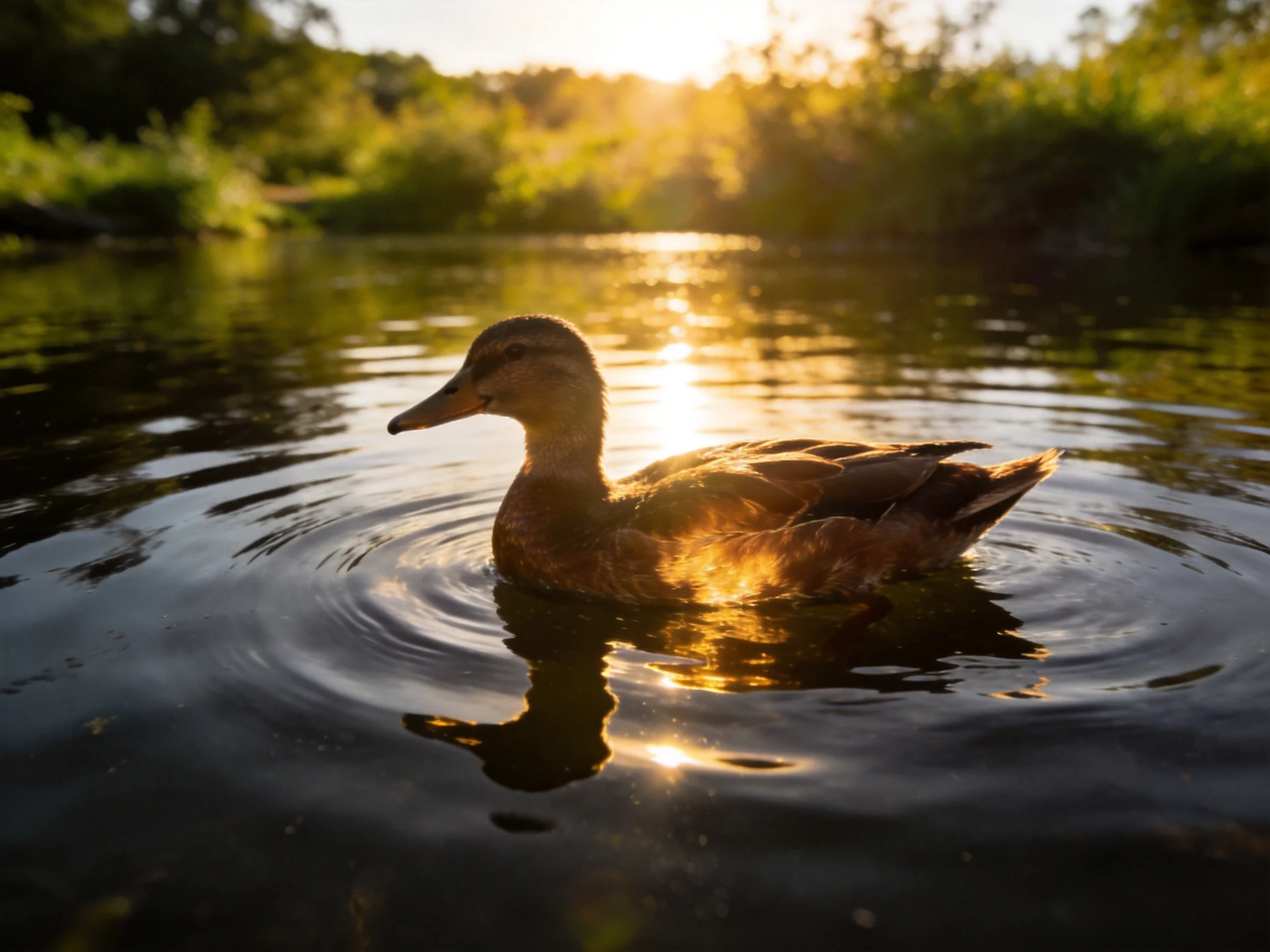 A duck glides through calm waters bathed in golden sunset light