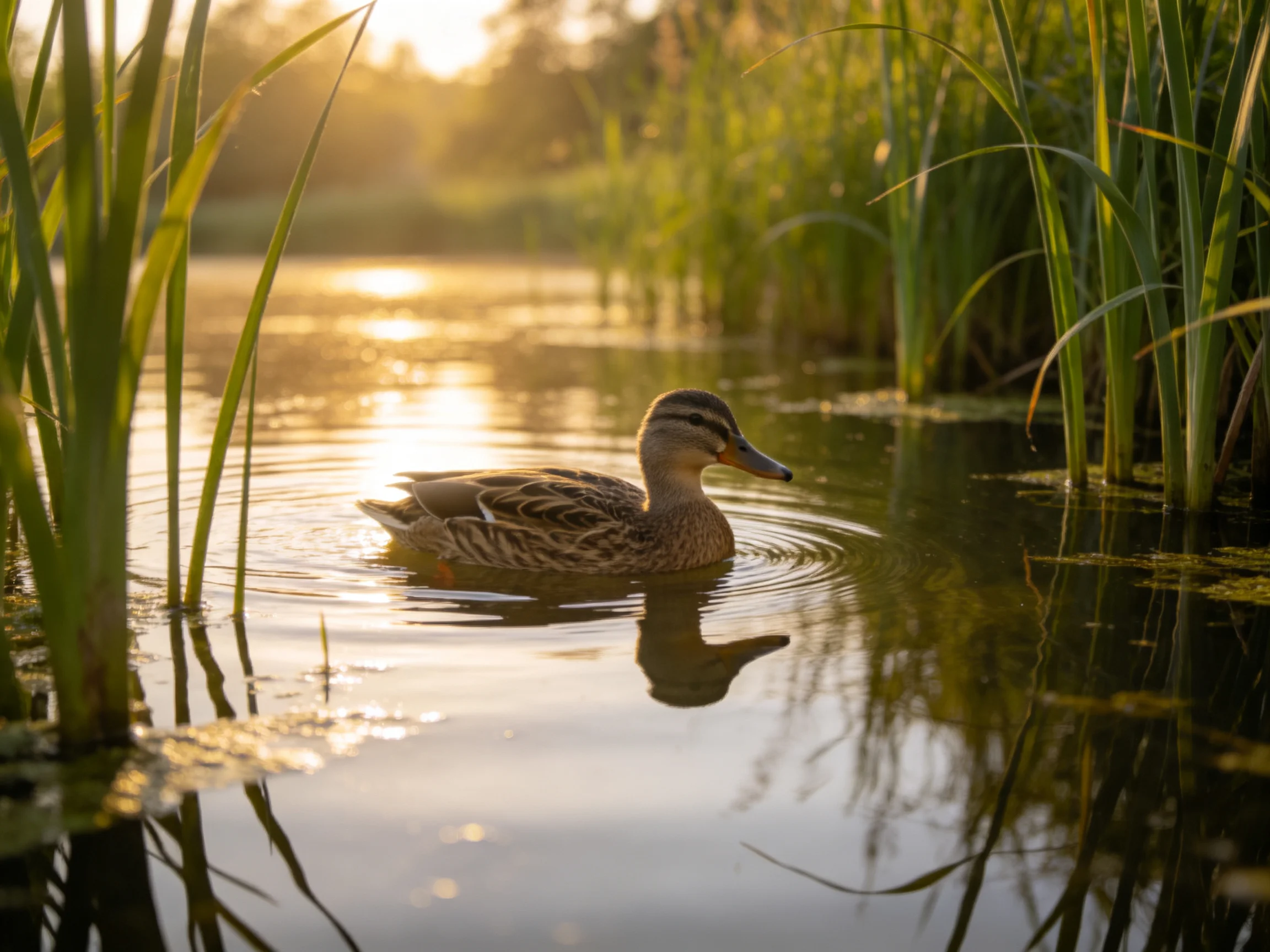 A duck glides through calm waters near tall green reeds under golden light