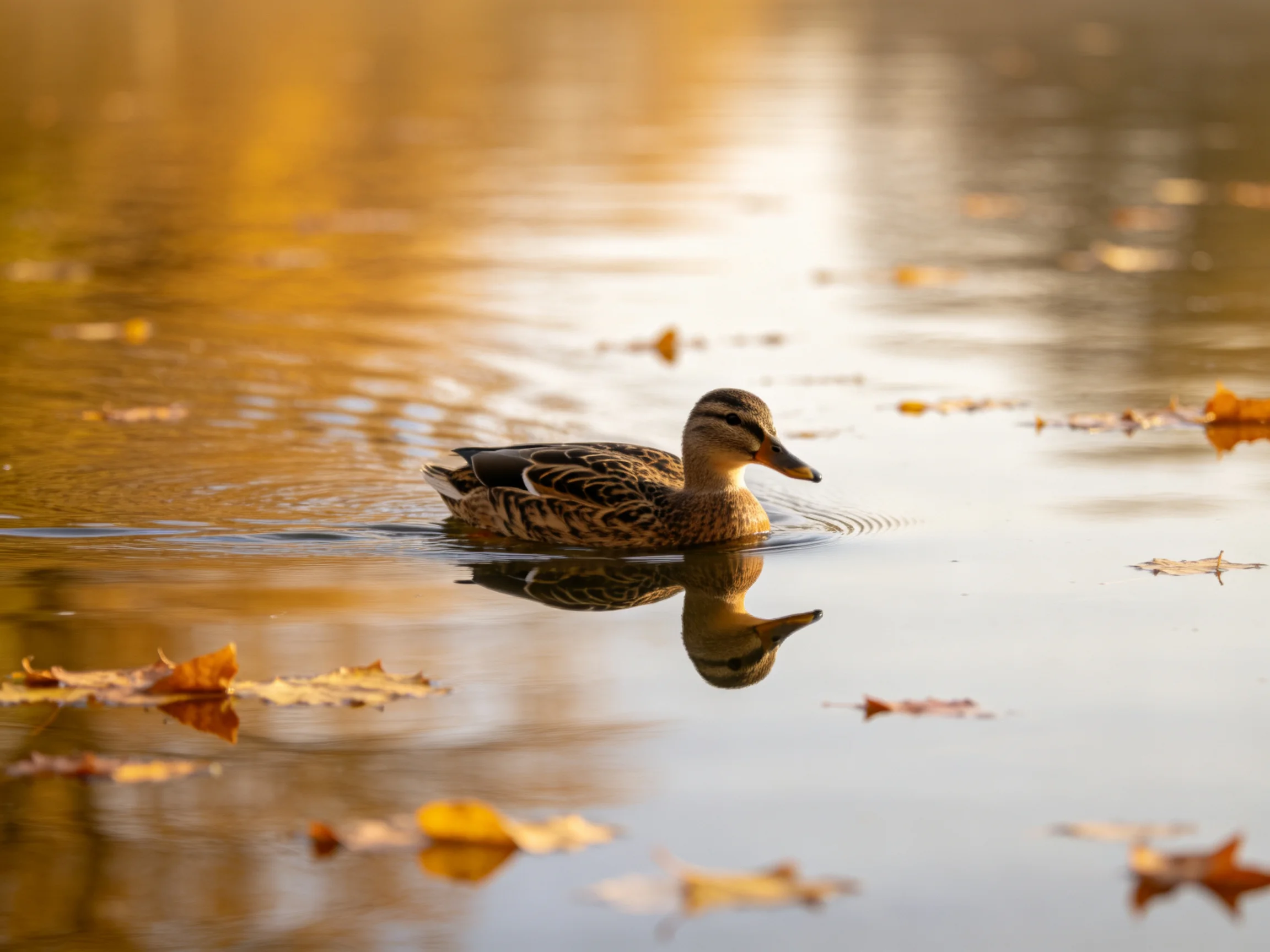 A duck glides through golden-hued water with scattered autumn leaves