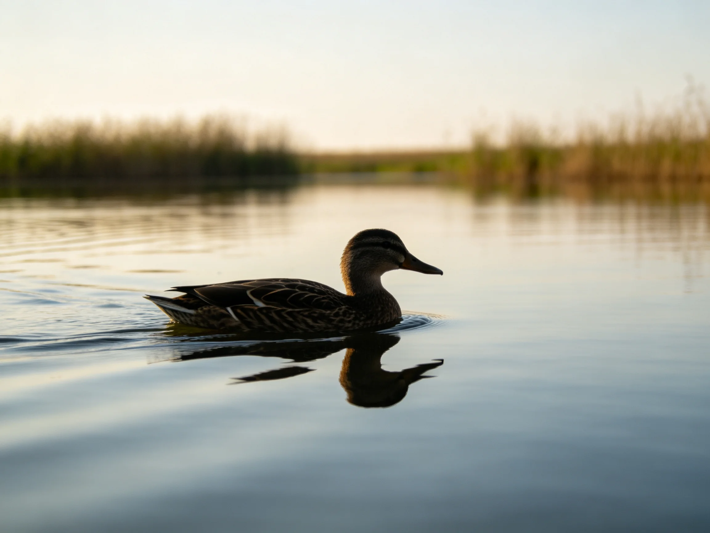 A duck gliding on calm water with a clear reflection of reeds in the distance