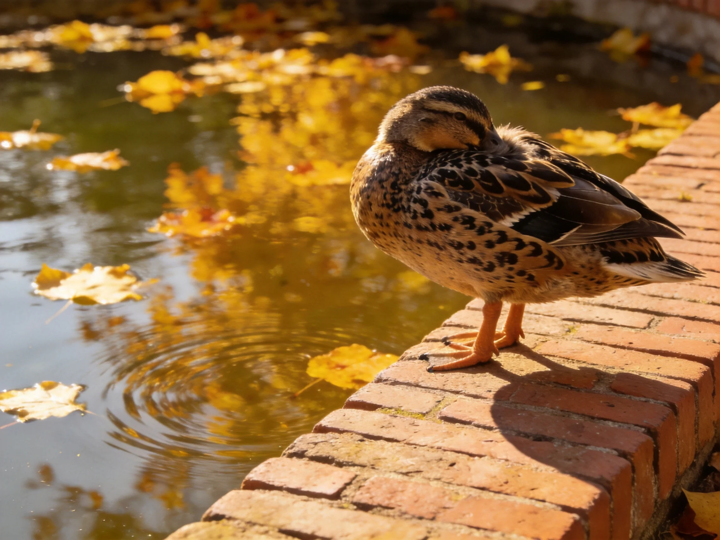 A duck perched on a brick ledge beside a pond with golden autumn leaves