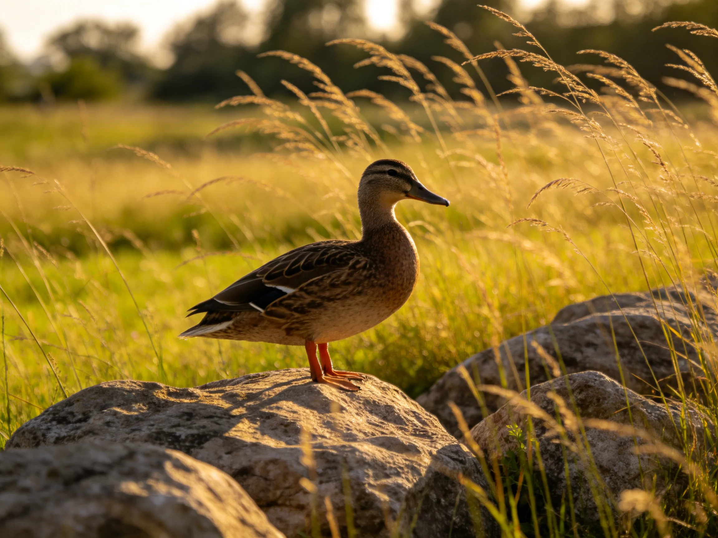 A duck perched on rocks amid tall golden grasses under warm sunlight